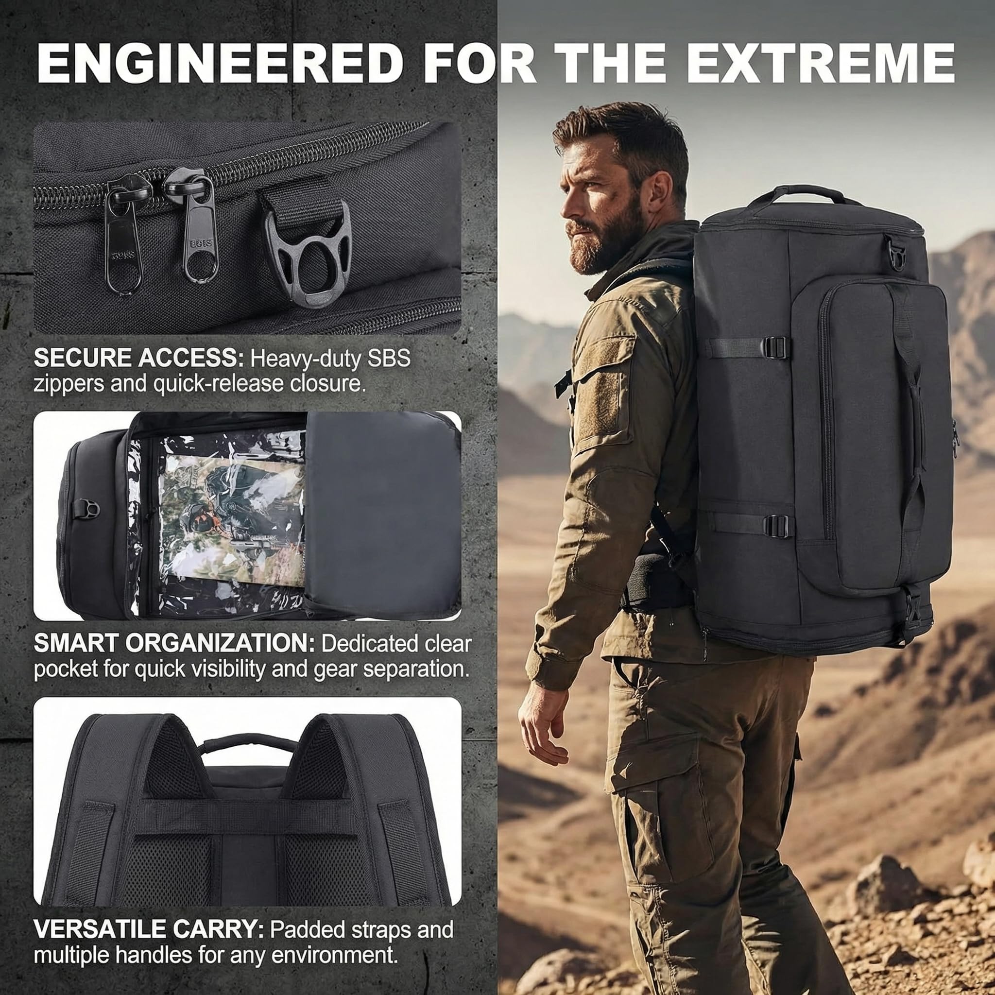 Borsone tattico da palestra, borsa da viaggio militare con scomparto per scarpe e cinghie per campeggio, nero, Borsone