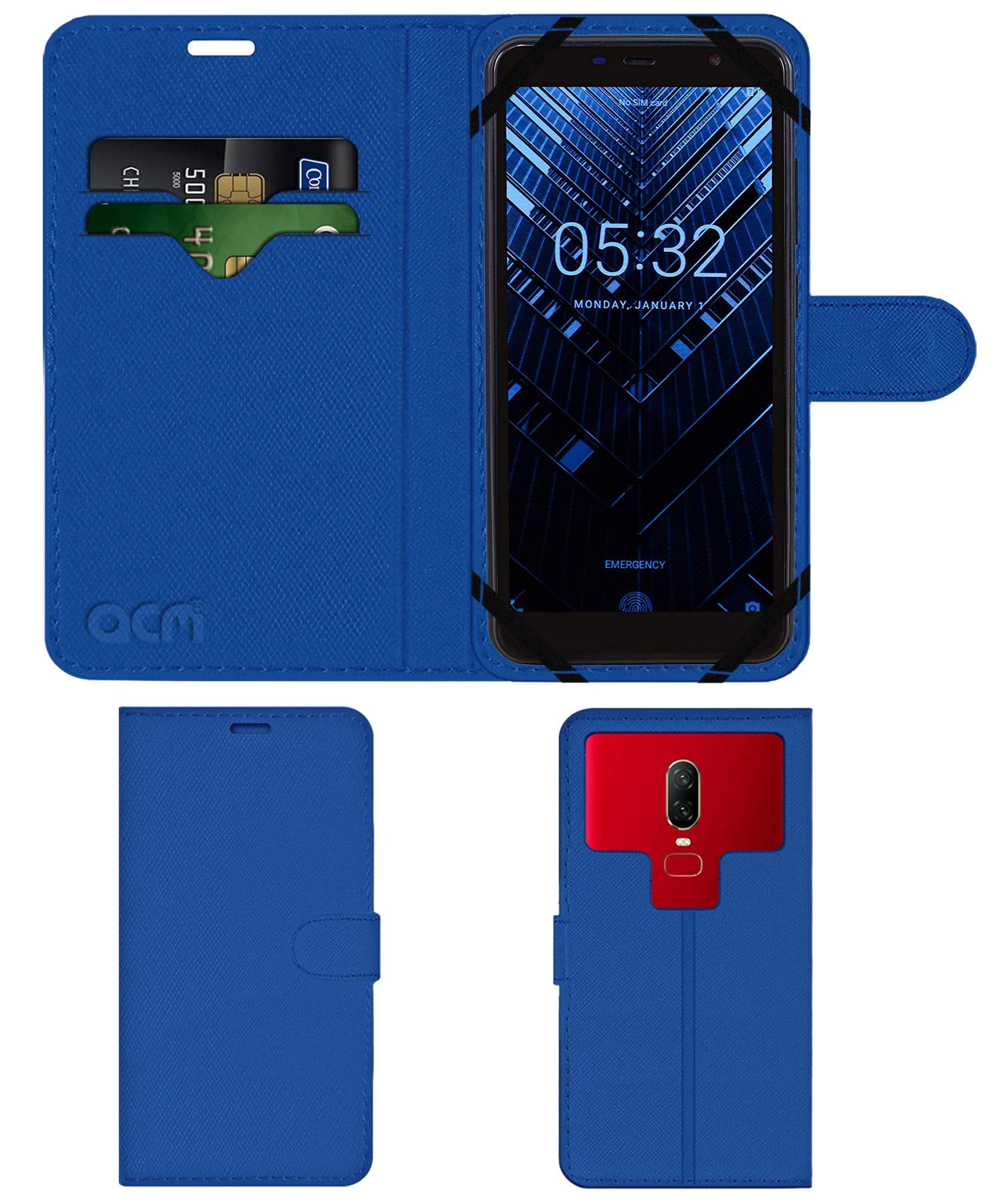 Acm Strap Leather Flip Case Compatible with Tennzo T1 Mobile Front & Back Cover Blue