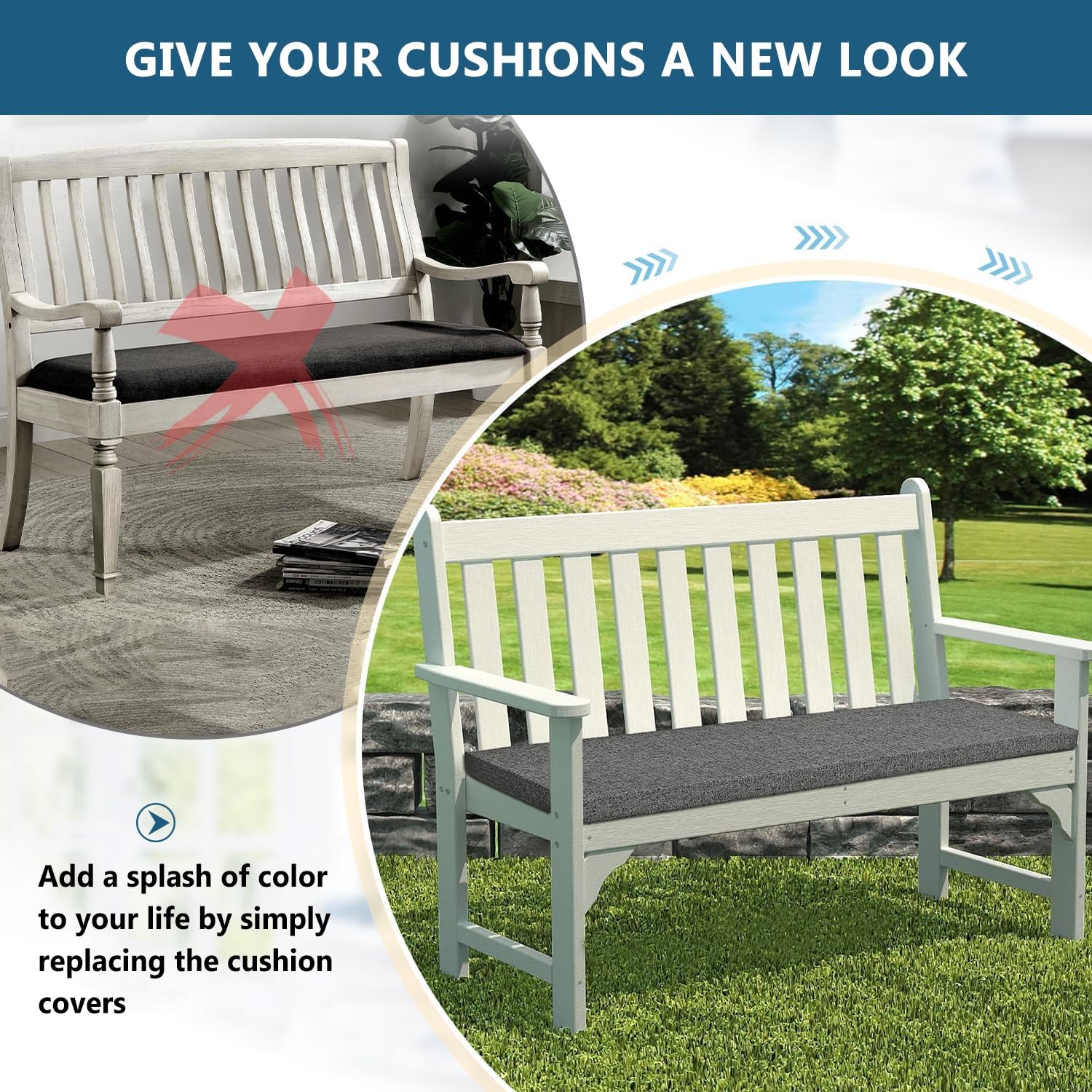 Outdoor & Indoor Bankkissen 120x40 cm, Bezug waschbar, rutschfeste Unterseite, bequemes Sitzkissen für Garten, Terrasse, Sofa, erhältlich in Blau & weiteren Größen