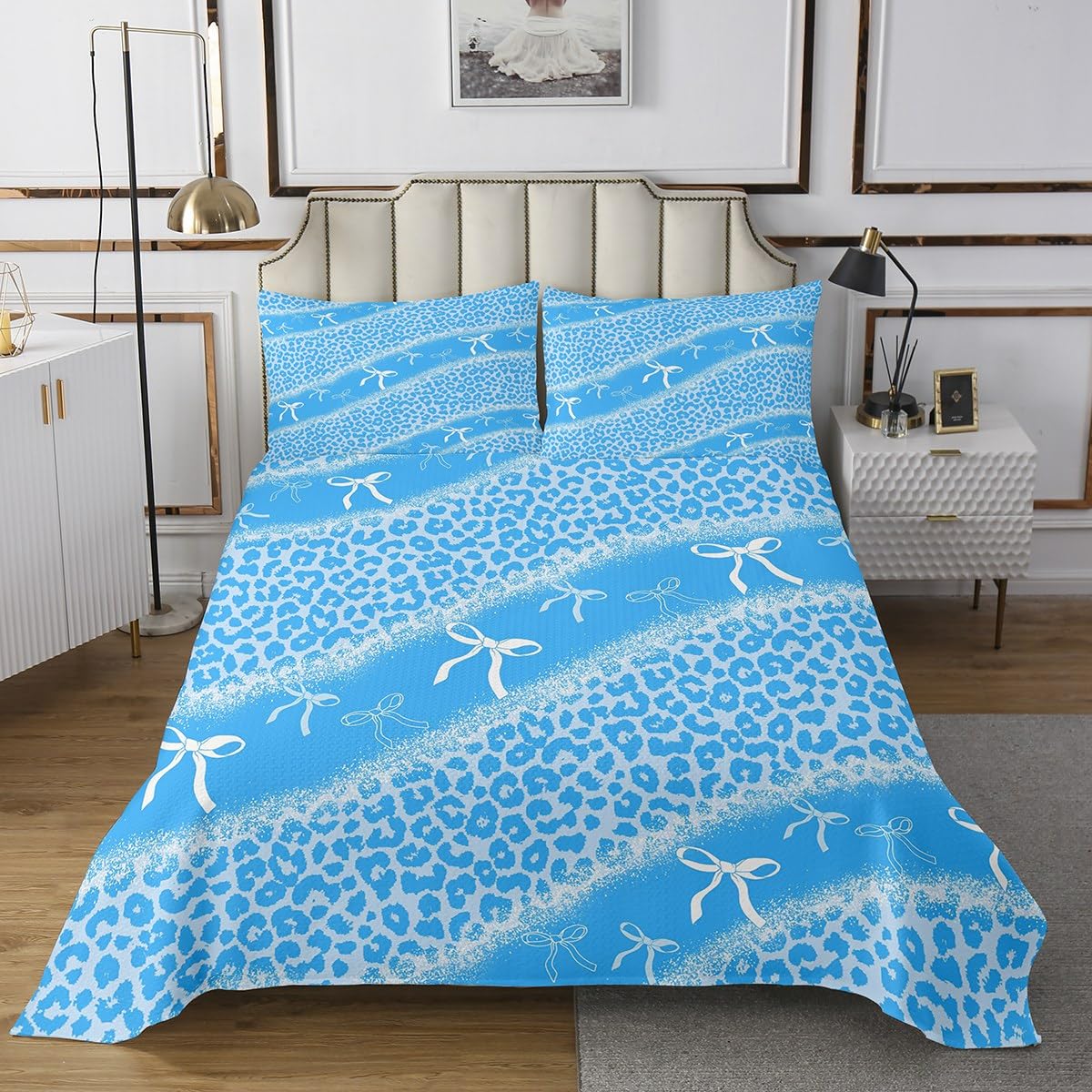 Erosebridal Blue Leopard Print Coverlet Set,Kawaii Bow Quilt Set Twin Size for Kids Boys Girls,Farmhouse Animal Skin Bedspread Set,Princess Style Bed Cover Bedroom Decor