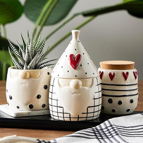 Vista 29 de DEMDACO Heartful Home by Tracy Pesche Collection - Tarro pequeño de cerámica con tapa de corcho, diseño de corazón rojo, puntos y rayas negras, 4.5