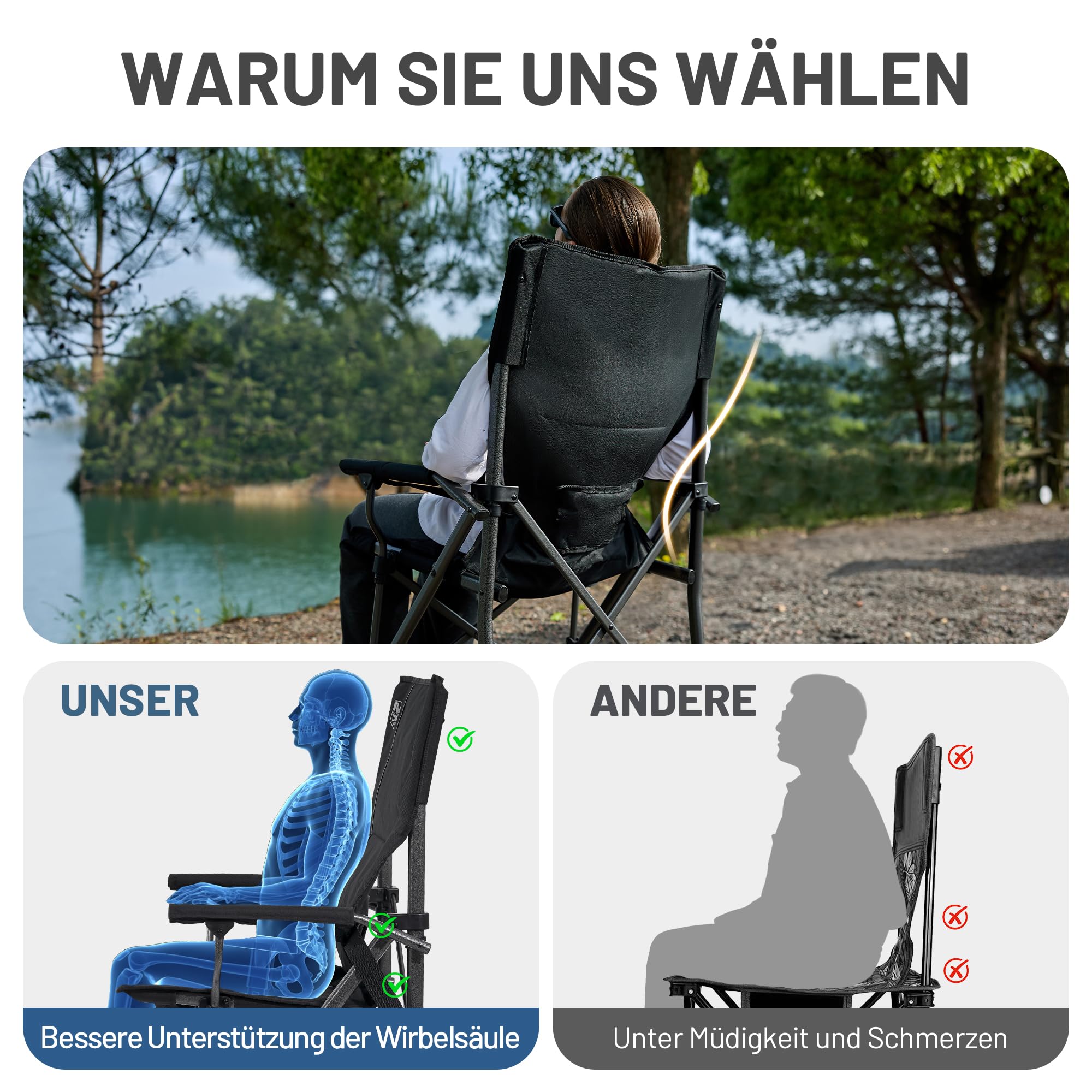 TIMBER RIDGE Campingstuhl Faltbar 150kg Belastbar Verstellbare Lendenwirbelstütze Klappstuhl mit Getränkehalter Tragetasche Angelstuhl Faltstuhl Hochlehner Sessel für Camping Garten Balkon Picknick