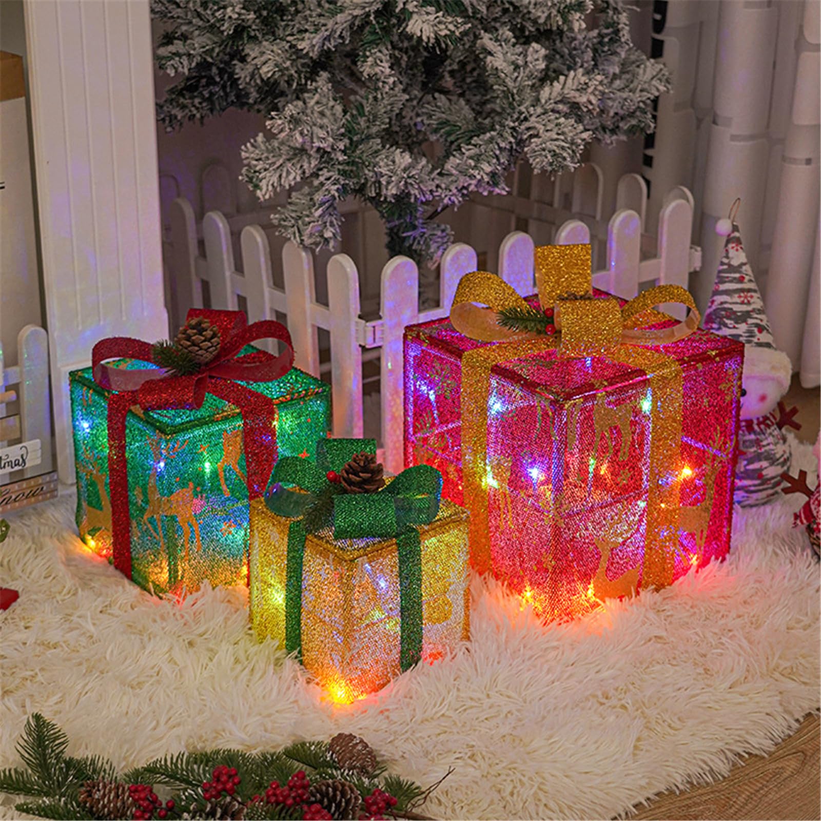3 scatole natalizie illuminate a LED, scatole regalo ornamentali, decorazione luminosa per esterni e interni