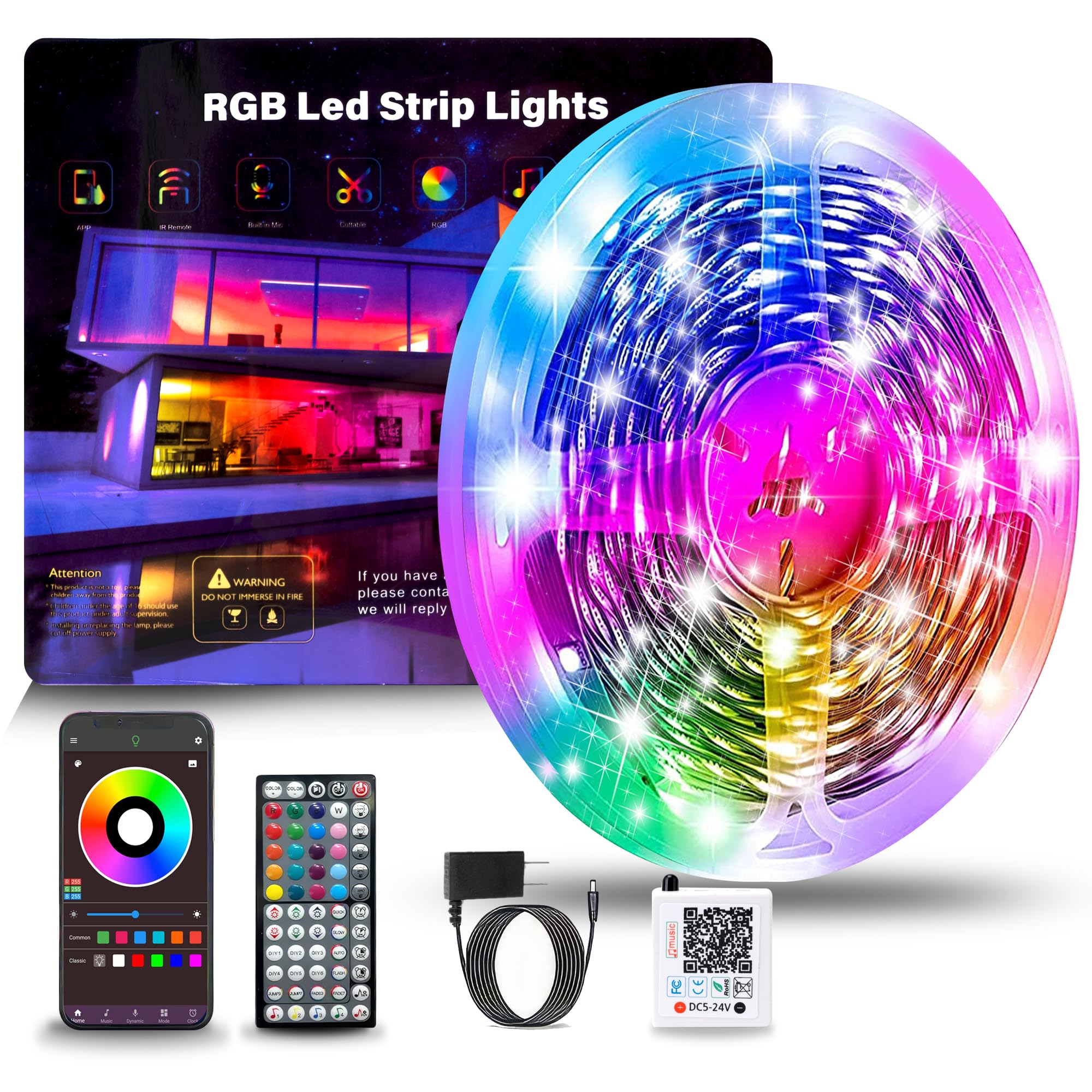 100FT RGB LED strip lights glowing in bedroom behind bed