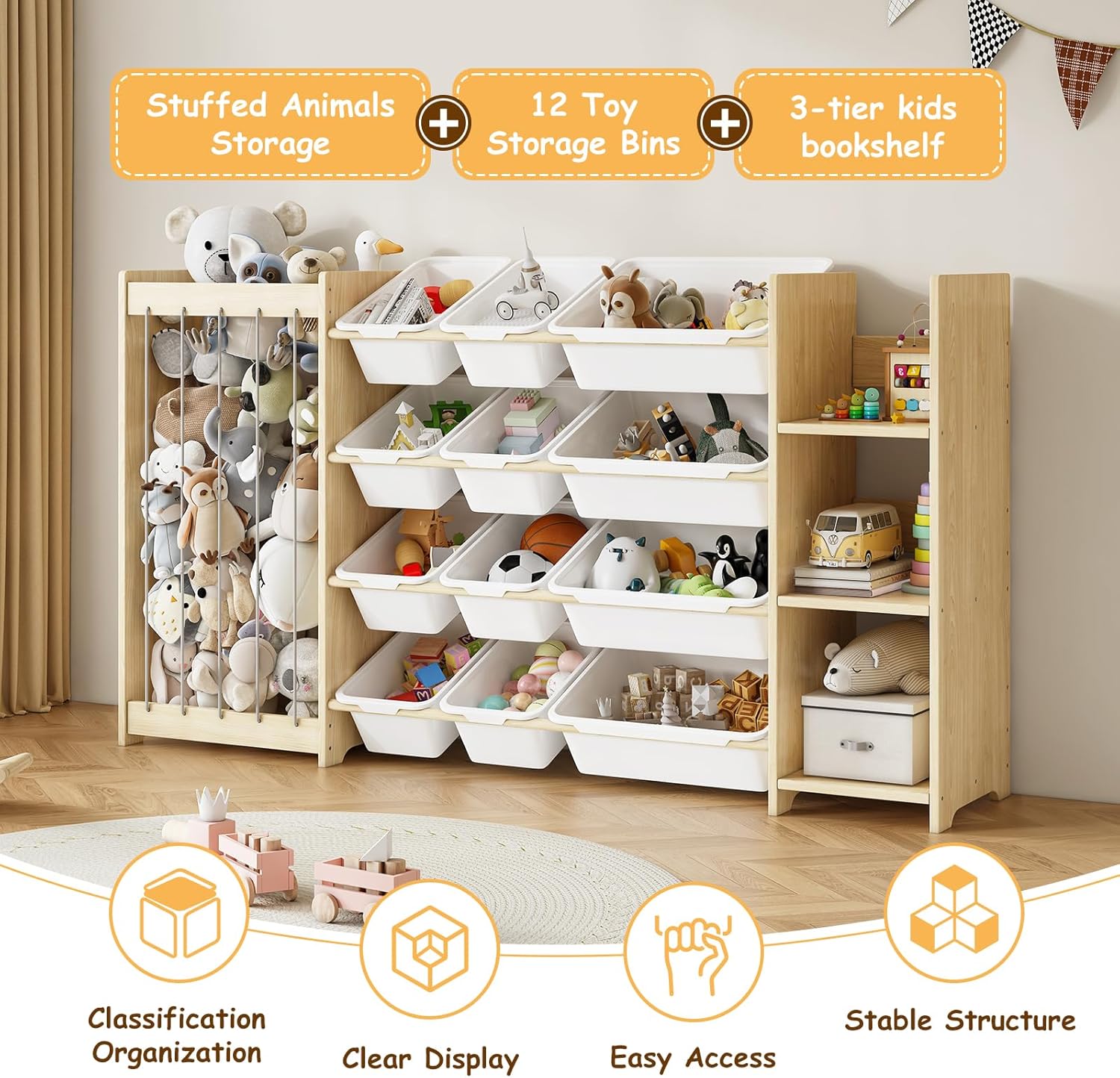 3-in-1 Toy Storage Organizer, Stuffed Animal Holder & 3-Tier Bookcase, Solid Wood Toy Organizer with 12 Storage Bins, Space-Saving Toy & Book Shelf for Kids Rooms, Bedroom, Playroom, White