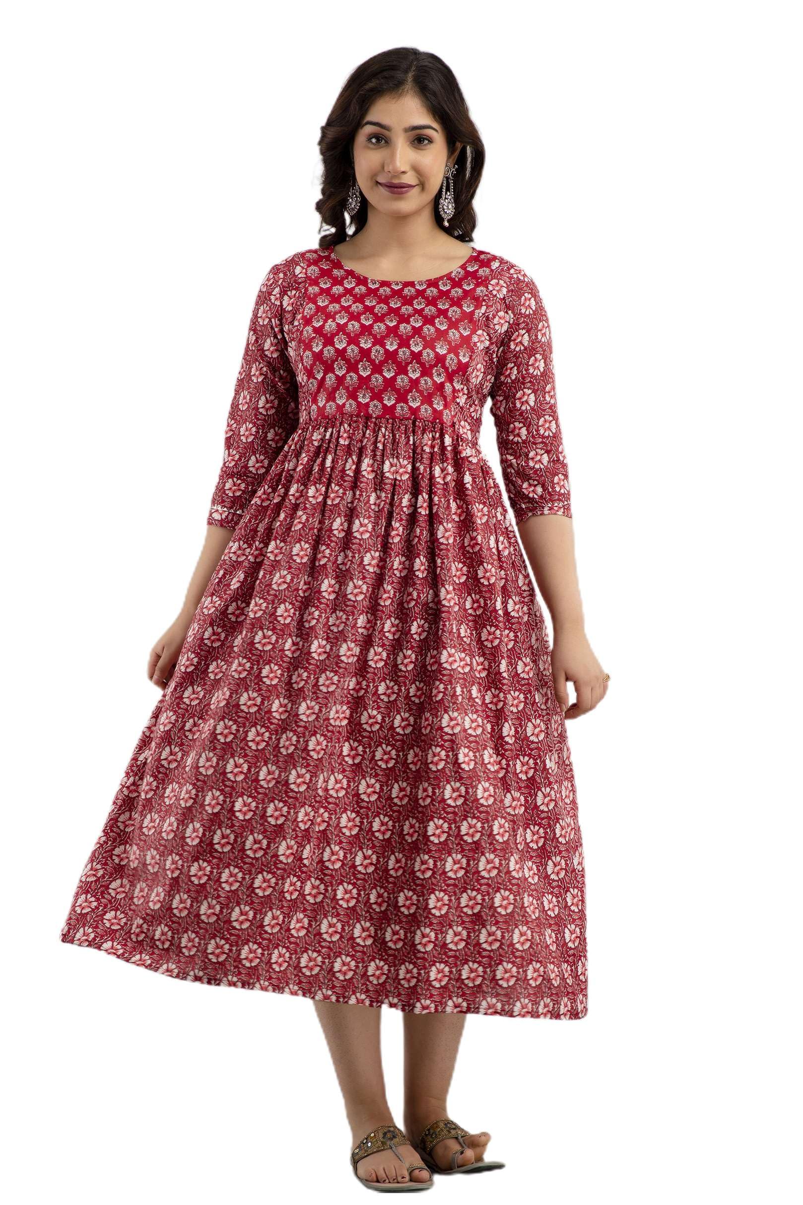 Feeding Kurti Gown Floral Printed Pure Cotton Maternity Nighty Dress Maxi Night Wear Kurta-image-23