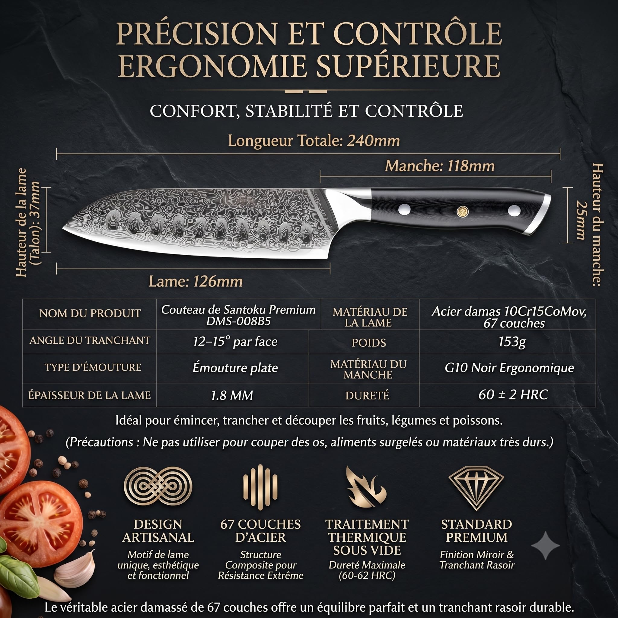 Couteau Santoku Japonais 13cm – Lame Brut de Forge – Acier Damas 67 Couches 10Cr15CoMoV 62HRC – Couteau Cuisine Ultra-Tranchant – Manche G10 Noir & Coffret Cadeau Premium