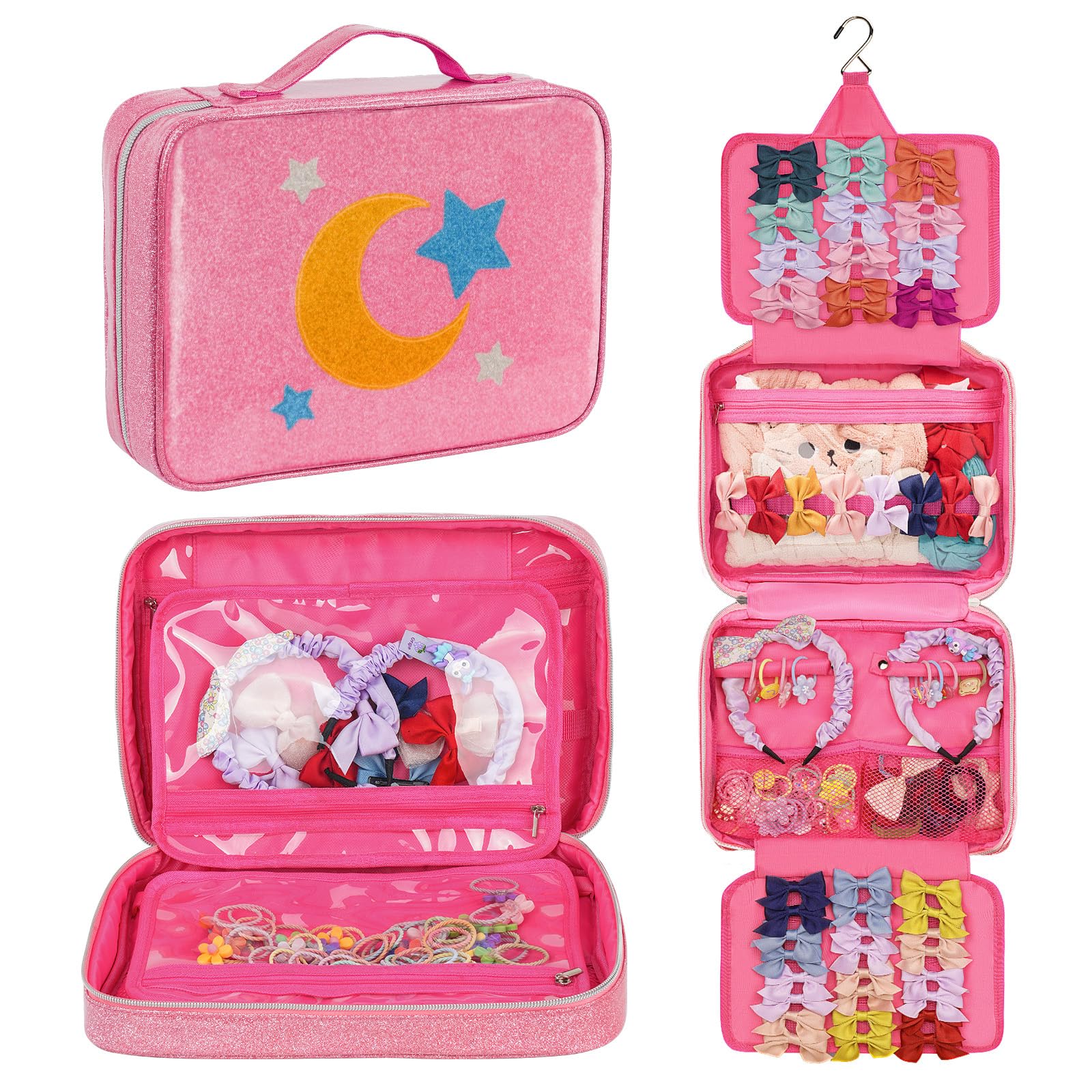 Hair Accessories Organizer, Shiny Bow Holder for Baby Girls, Travel Hair Storage Bag for Hair Clips, Headbands, Scrunchies and Hair Ties(Pink)