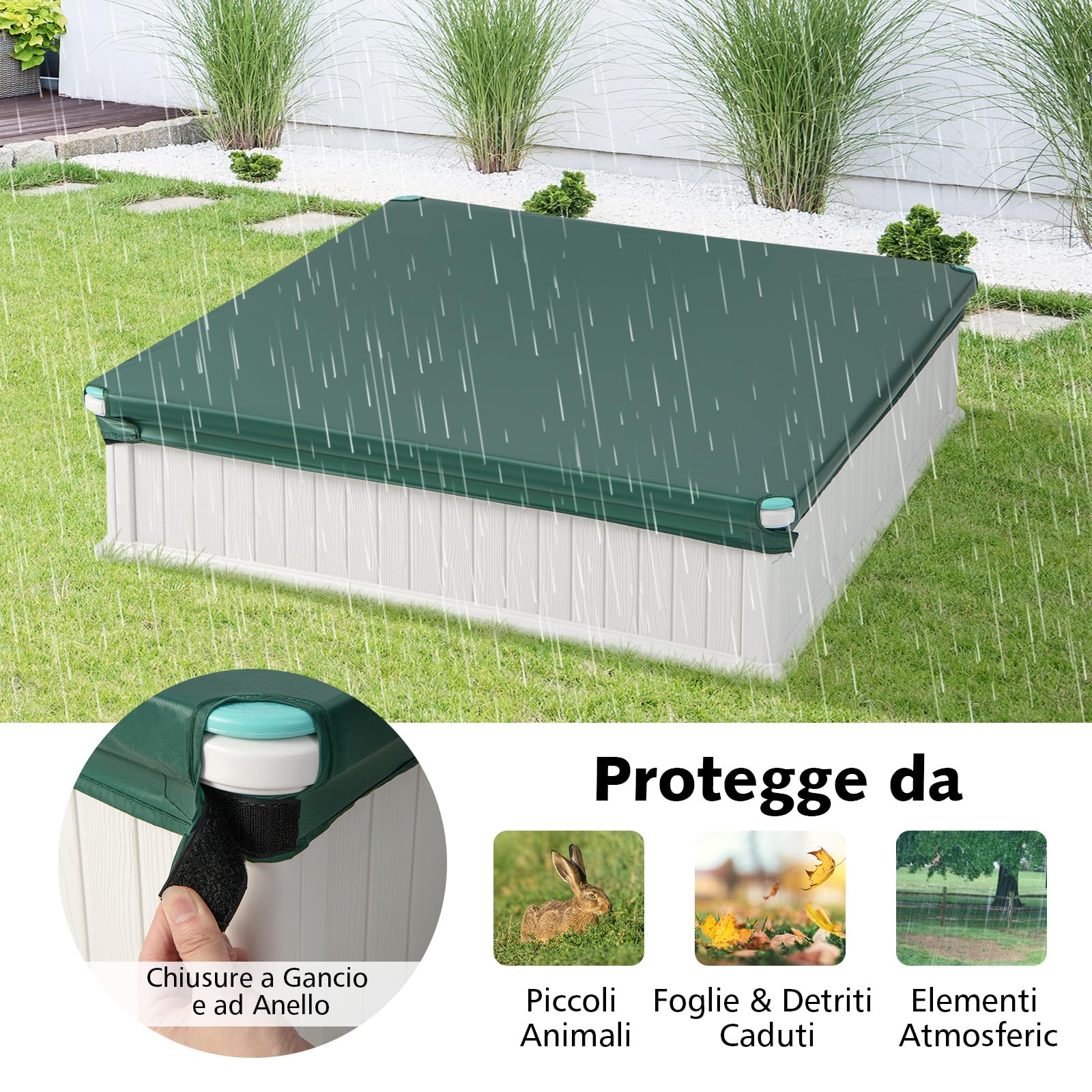 COSTWAY Sabbiera per Bambini, Sabbiera da Cortile con 4 Sedute Angolari e Copertura in Oxford, per Cortile Spiaggia Prato, 123,5 x 123,5 x 31,5 cm (Verde+Bianco)
