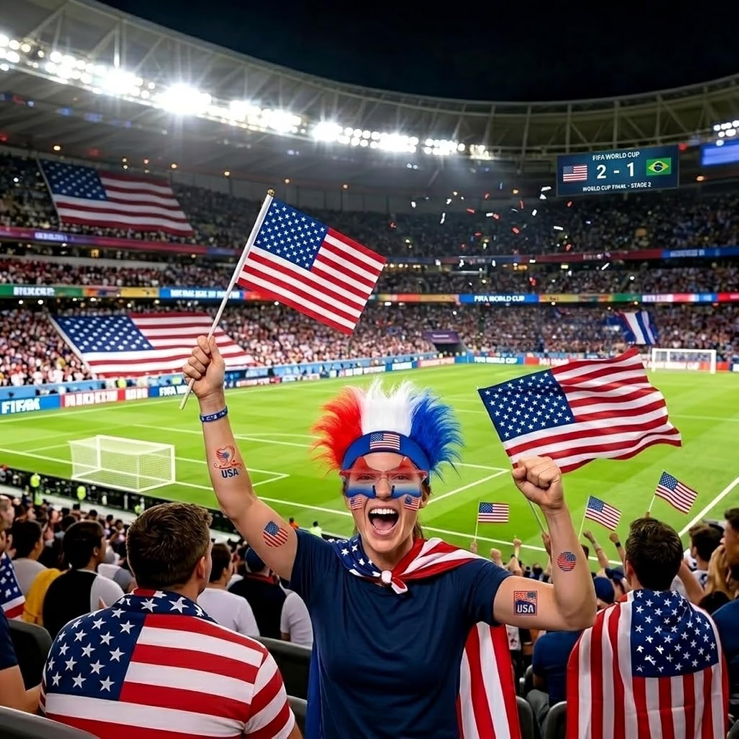 World Cup 2026 Fan Outfit Set - USA Soccer Costume Kit with Wig Headband, Flag Cape, Star Sunglasses, Handheld Flag & Tattoos - Patriotic Gear for 4th of July Party