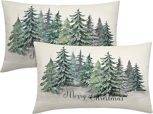 Juego de 2 fundas de almohada lumbar de 12 x 20 pulgadas con diseño de árbol de Navidad en acuarela azul y verde, fundas de almohada decorativas Juego de 2 fundas de almohada lumbar de 12 x 20 pulgadas con diseño de árbol de Navidad en acuarela azul y verde, fundas de almohada decorativas