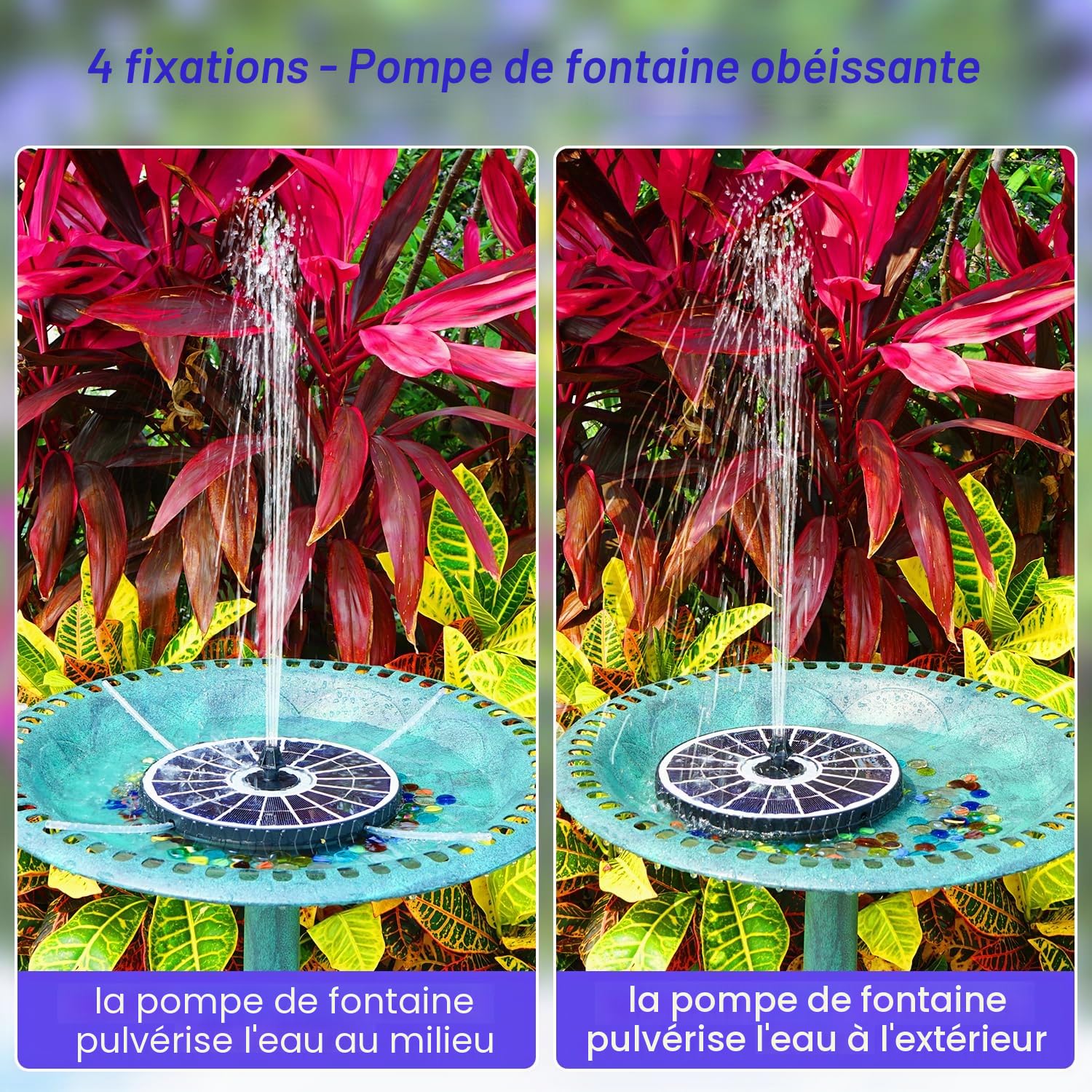 SZMP Fontaine Solaire avec Télécommande, Fontaine Solaire Verre avec 4000mAh Batterie, 7 Buses & 4 Tiges Fixes de Jardin Solaire Pompe pour Bain d'oiseaux, Jardin