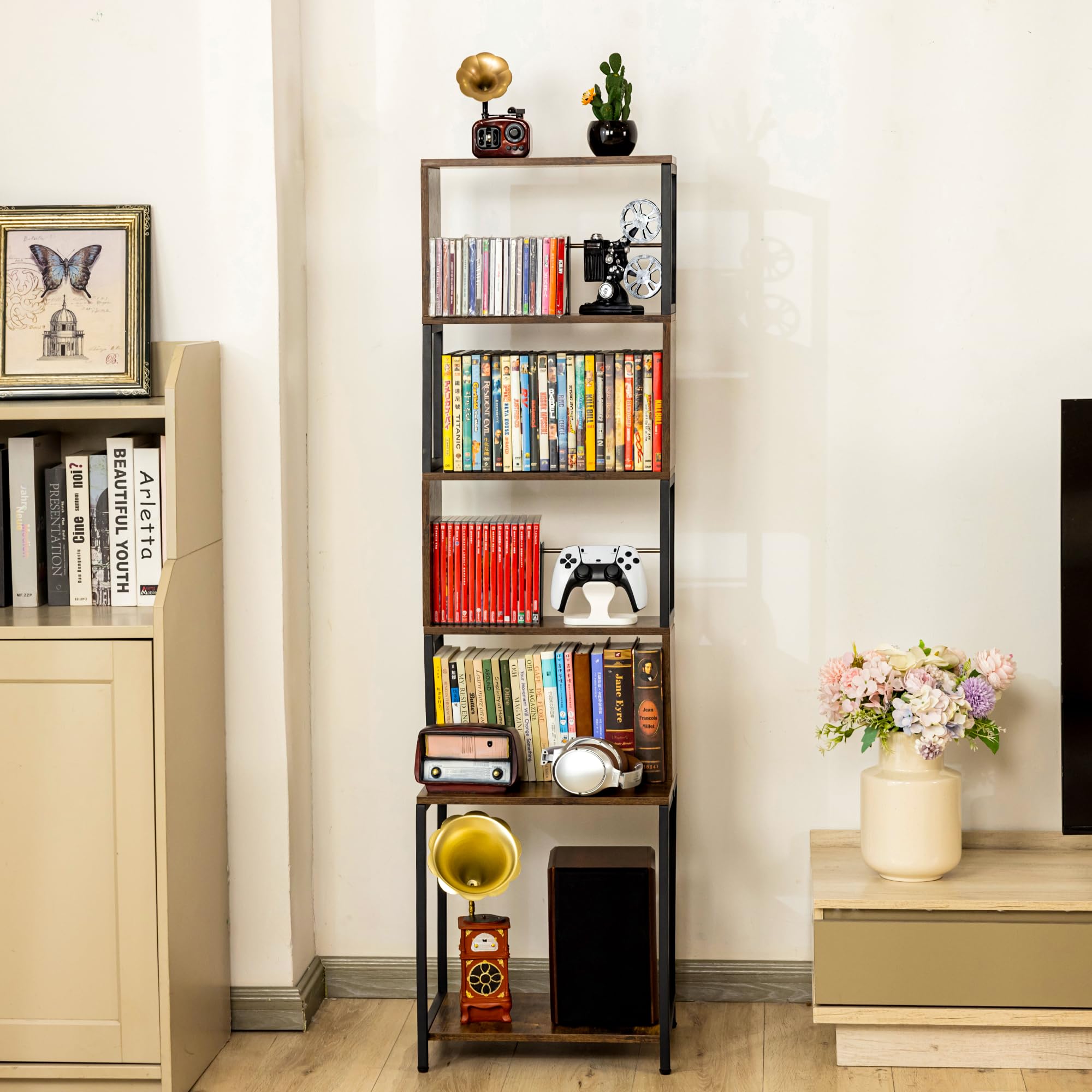 Aquzee Scaffale portaoggetti per CD, 4 ripiani, in legno, per DVD, CD, con divisori regolabili, organizer per media, espositori per CD, DVD, Blu Ray, videogiochi, libri