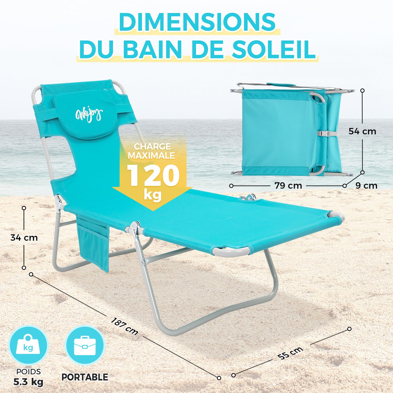 #WEJOY Bain de Soleil Pliable avec Trou de Visage pour Lecture, Chaise Longue Pliante avec Dossier Réglable à 5 Positions, Transat Inclinable Légère avec Appui-Tête pour Plage Jardin Terrasse Piscine