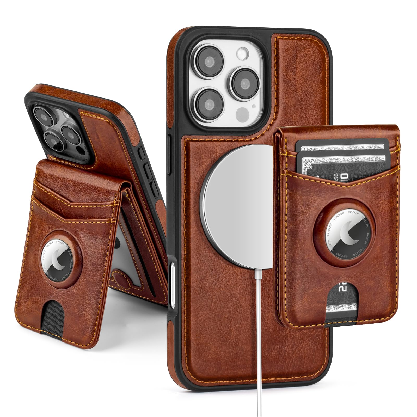 SkyEagle Compatible with MagSafe iPhone 16 Pro Max Case Wallet with AirTag Holder,2 in 1 PU Leather Magnetic Detachable RFID Blocking Credit Card