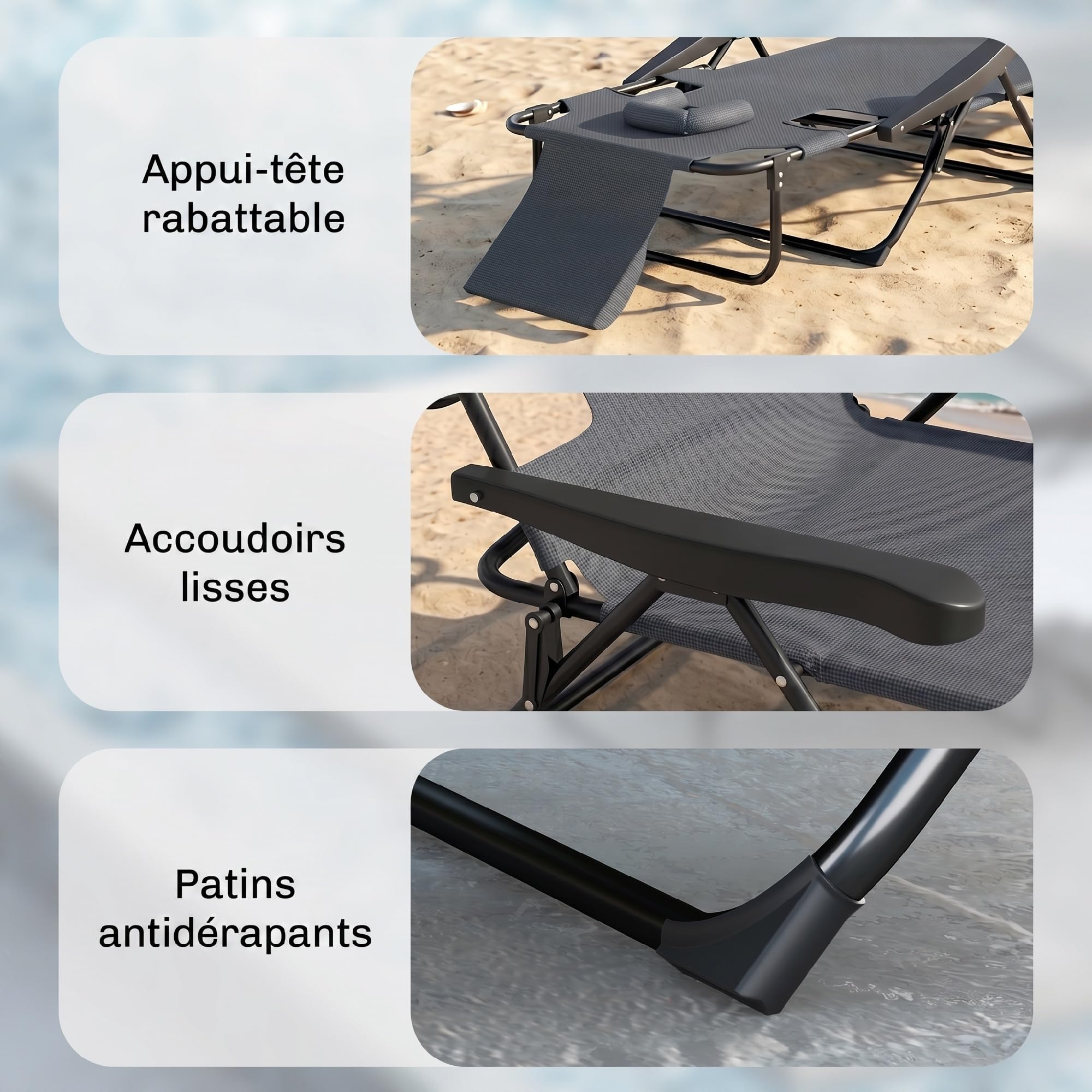 Outsunny Bain de Soleil Transat de Plage Pliable Appuie-Tête Gris | Trou de Lecture, Chaise Longue, Dossier Inclinable en Textilène, Jardin Extérieur, Camping, Piscine, Terrasse