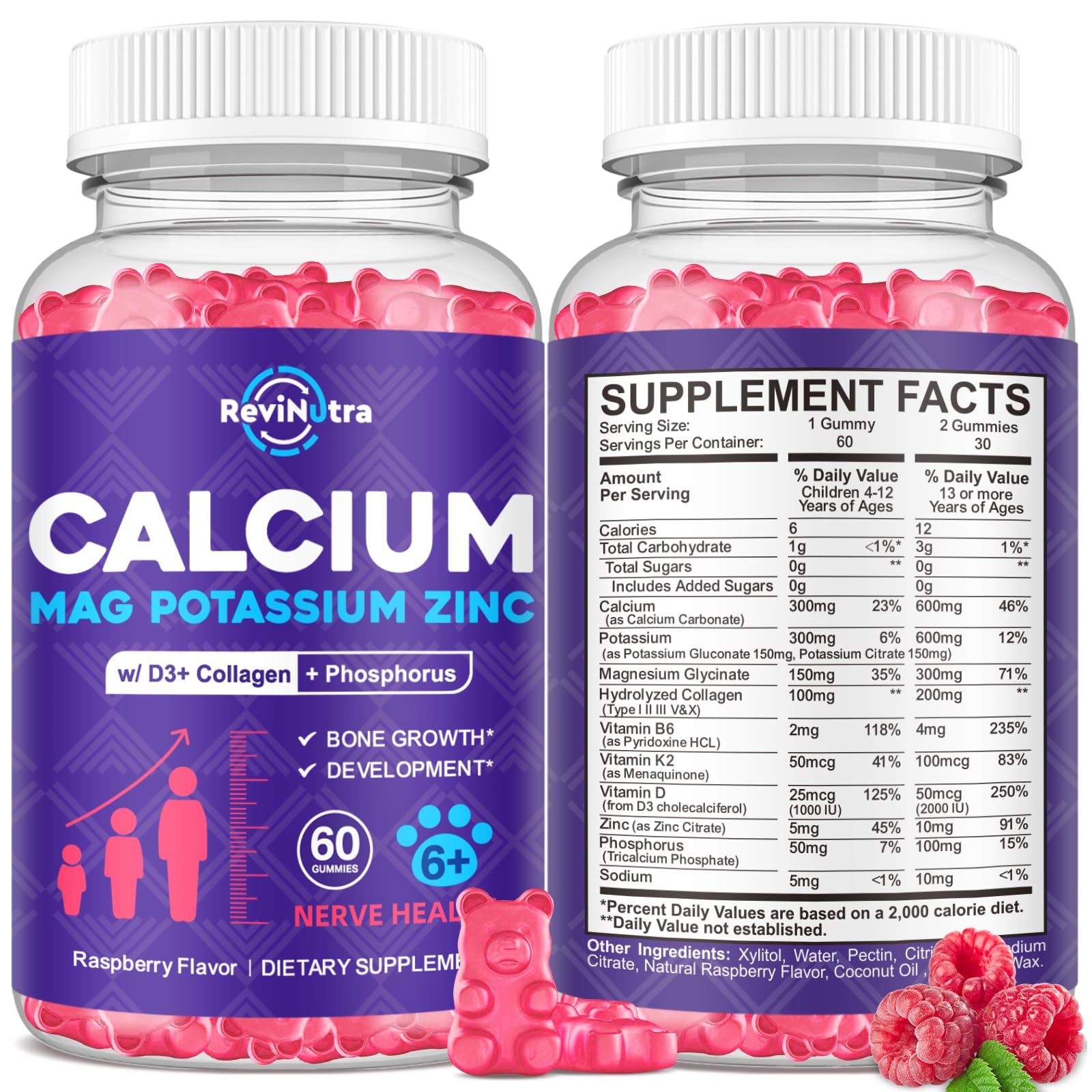 Calcium Potassium Magnesium Gummies for Kids & Adults, with Hydrolyzed Collagen, Zinc, Phosphorus, Multivitamin for Sleep, Bone Strength, Density Support, Sugar Free,Raspberry 2 Pack Raspberry 60 Count (Pack of 2)