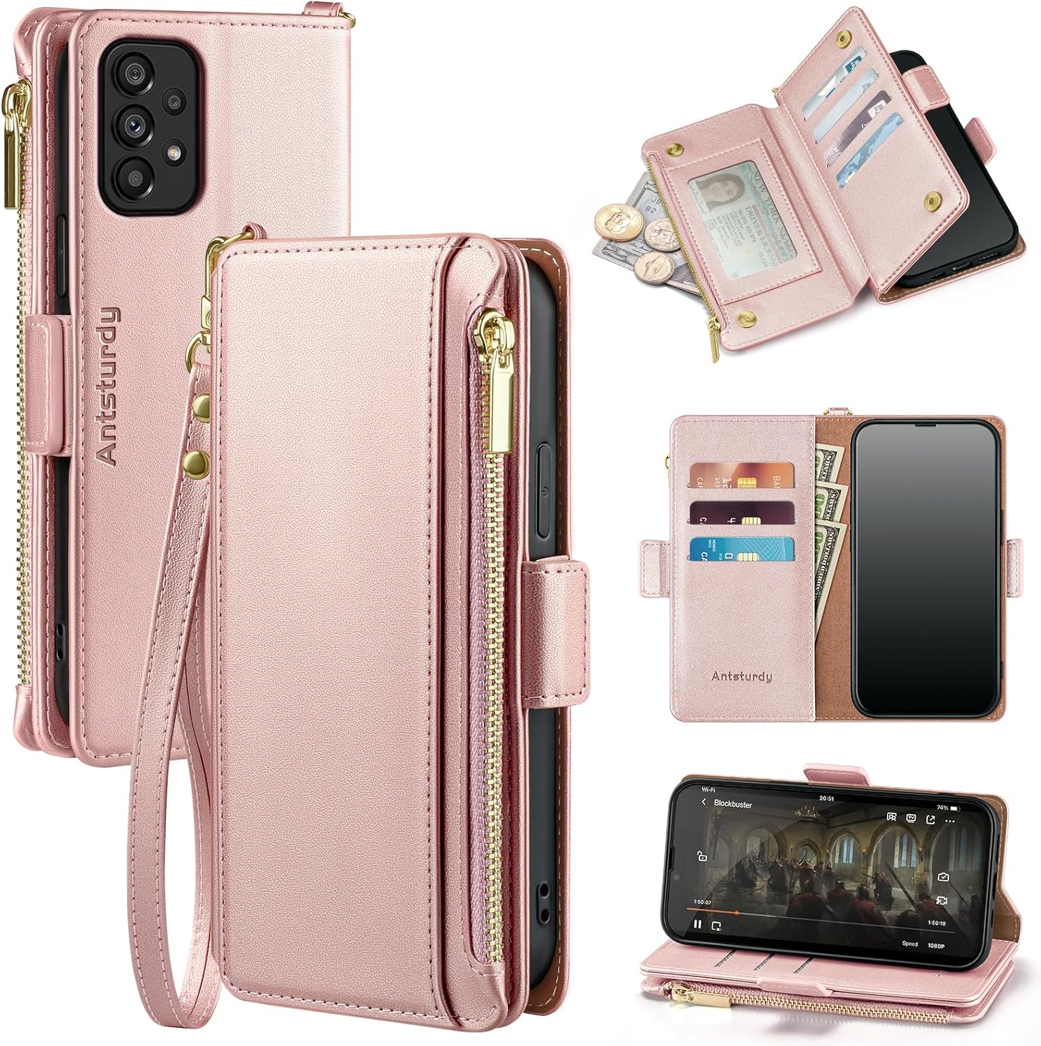 Antsturdy Compatible with Samsung Galaxy A53 5G Case Wallet with Card Holder Women Men Phone Case RFID Blocking PU Leather Flip Folio Shockproof Cover Wrist Strap Zipper Credit Card Slots,Rose Gold