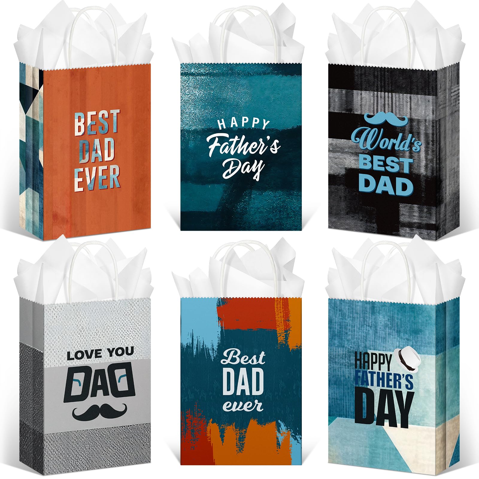 Thenshop 24 Pieces Father's Day Gift Bags with Tissue Paper Happy Father's Day Paper Bag Bulk Dad Gift Wrapping with Handle for Men Dad Grandpa