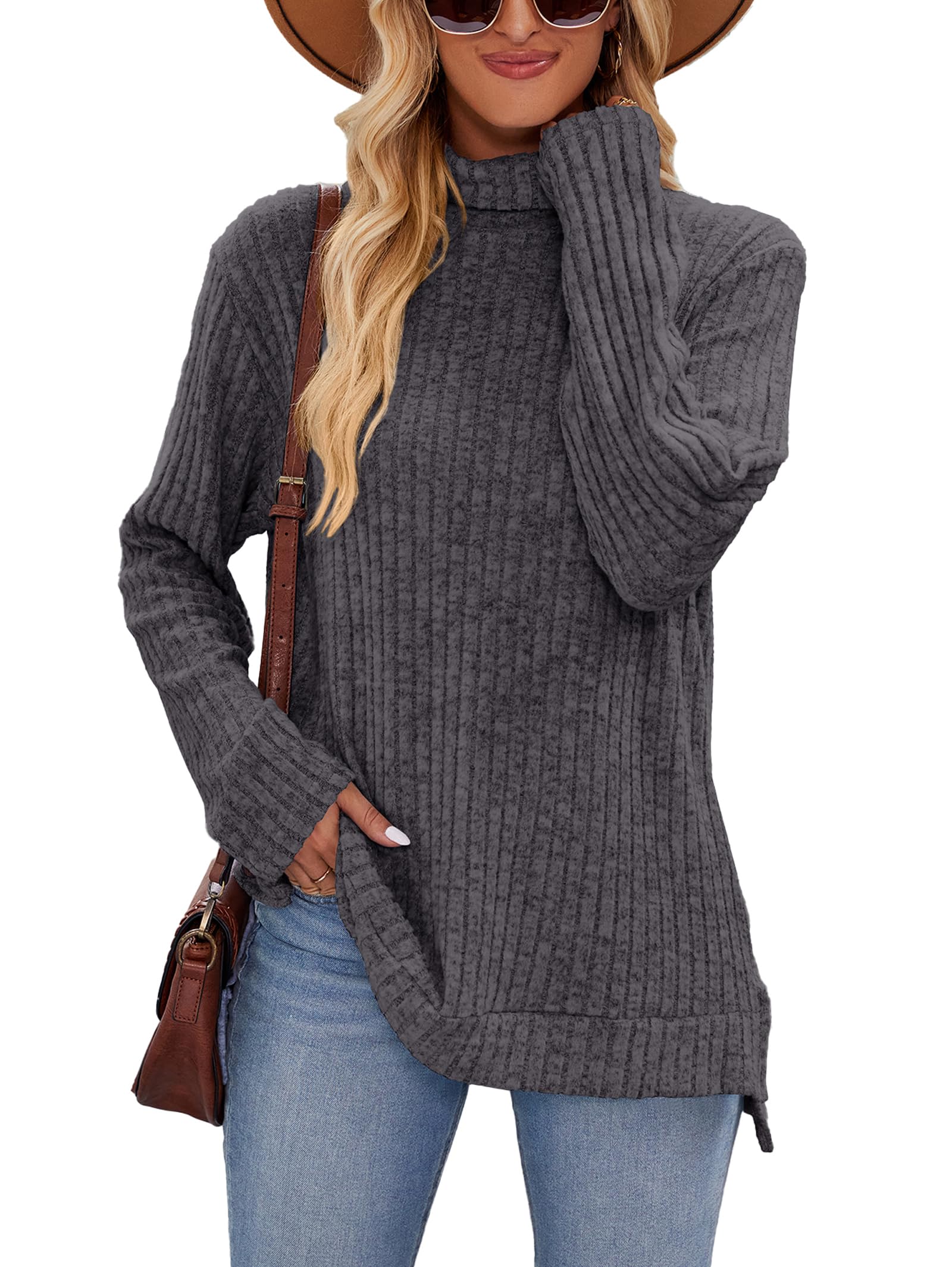 Famulily Rollkragenpullover für Frauen, übergroße Herbst Winter Langarm Pullover Side Splits Tunika Tops