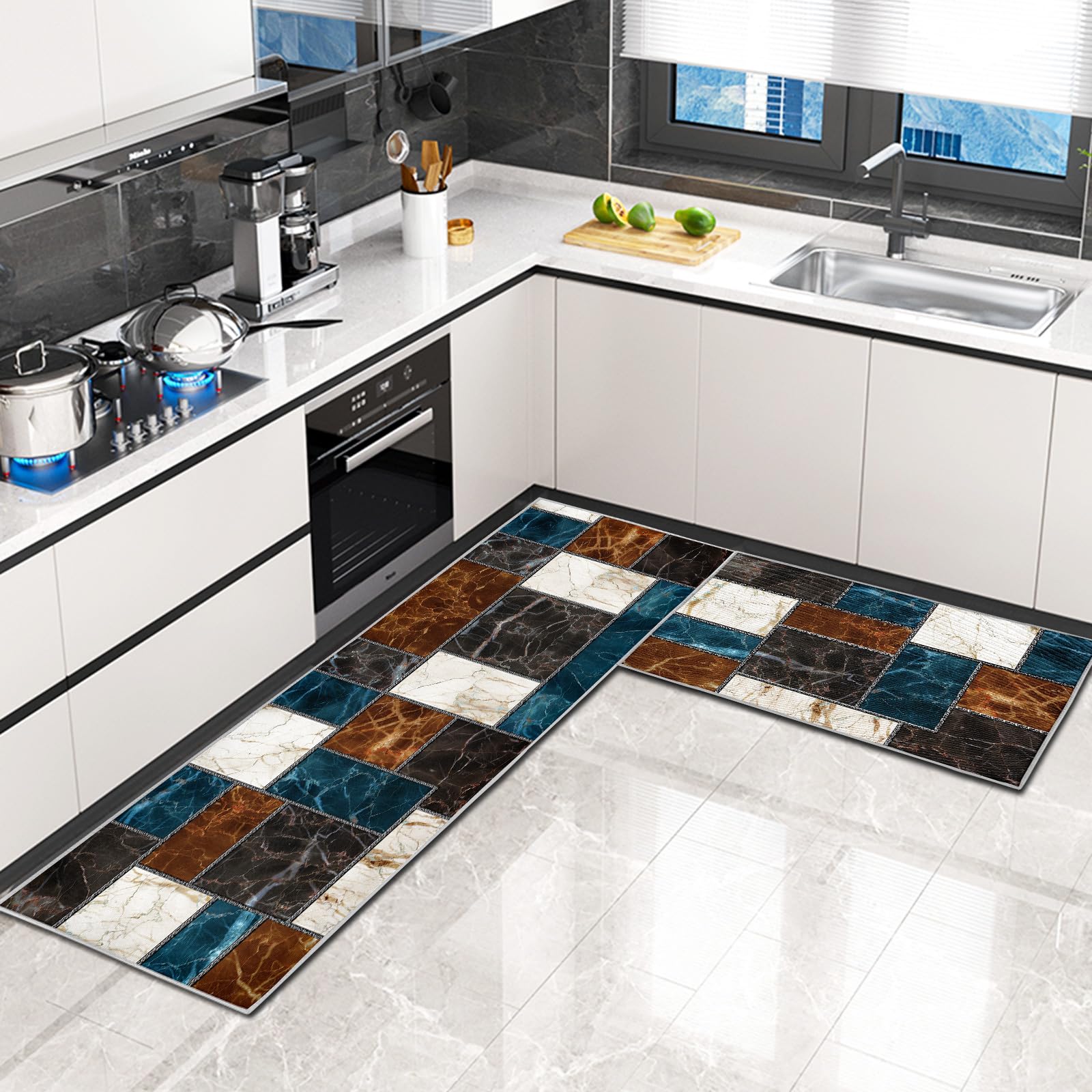 Set di 2 tappeti da cucina, antiscivolo, 6 mm di spessore, impermeabili, facili da pulire, tappeti da cucina anti-affaticamento per la cucina (Stile N, 40x60+40x120 cm)