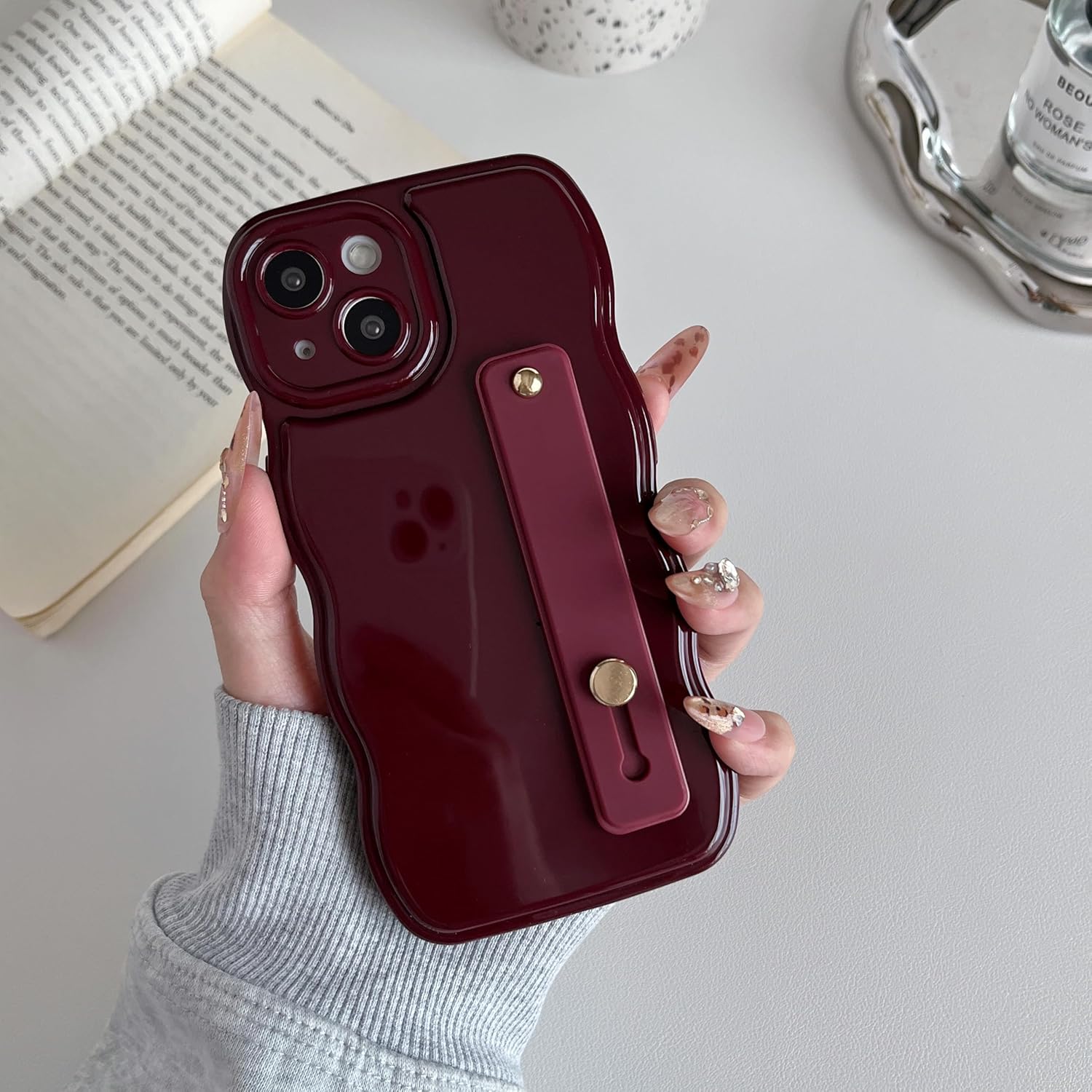 FABSPARK Phone Case for iPhone 14 with Flexible Adjustable Soft Finger Hand Wrist Strap Holder Kickstand,Wave Design Wavy Frame Silicone Aesthetic for iPhone 14 Phone Case,Wine Red - Image 2