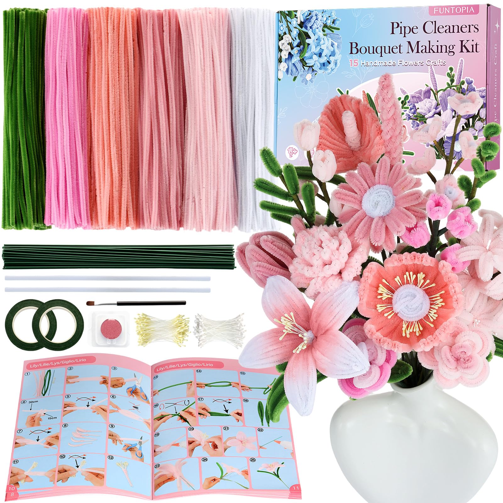 Funtopia Pfeifenreiniger Blumen Set, 540 Stück Pfeifenputzer zum Basteln, Anleitungsbuch mit 15 Blumen-Designs, inkl. Chenilledraht, Blütenstempel, Blumendraht & Klebeband, DIY Blumenstrauß, Rosa