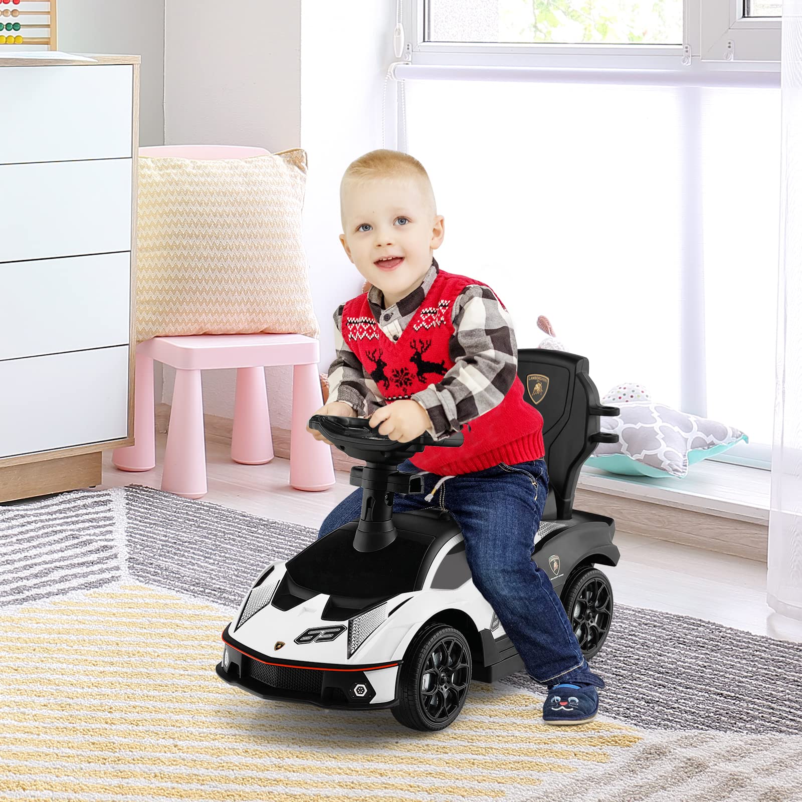 COSTWAY 3 en 1 Correpasillos para Niños Lamborghini, Coche de Empuje con Asa, Volante, Barandilla Desmontable, Caja de Almacenamiento, Función de Bocina, para Niños de 12-36 Meses (Blanco)