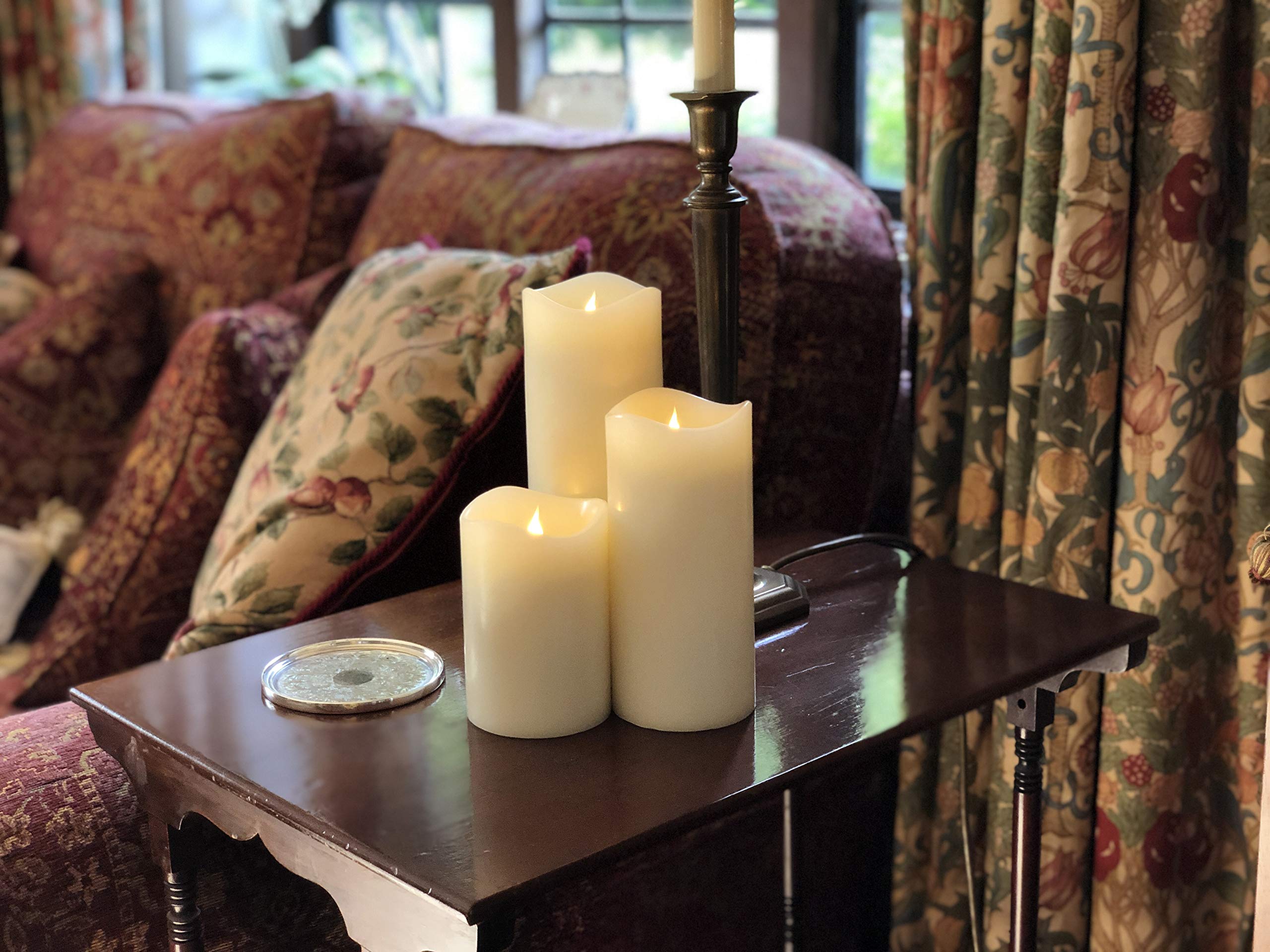 Smart Flame 360° Moving Flame LED Pillar Candles - Real Ivory Wax - Set of 3 & Free Remote