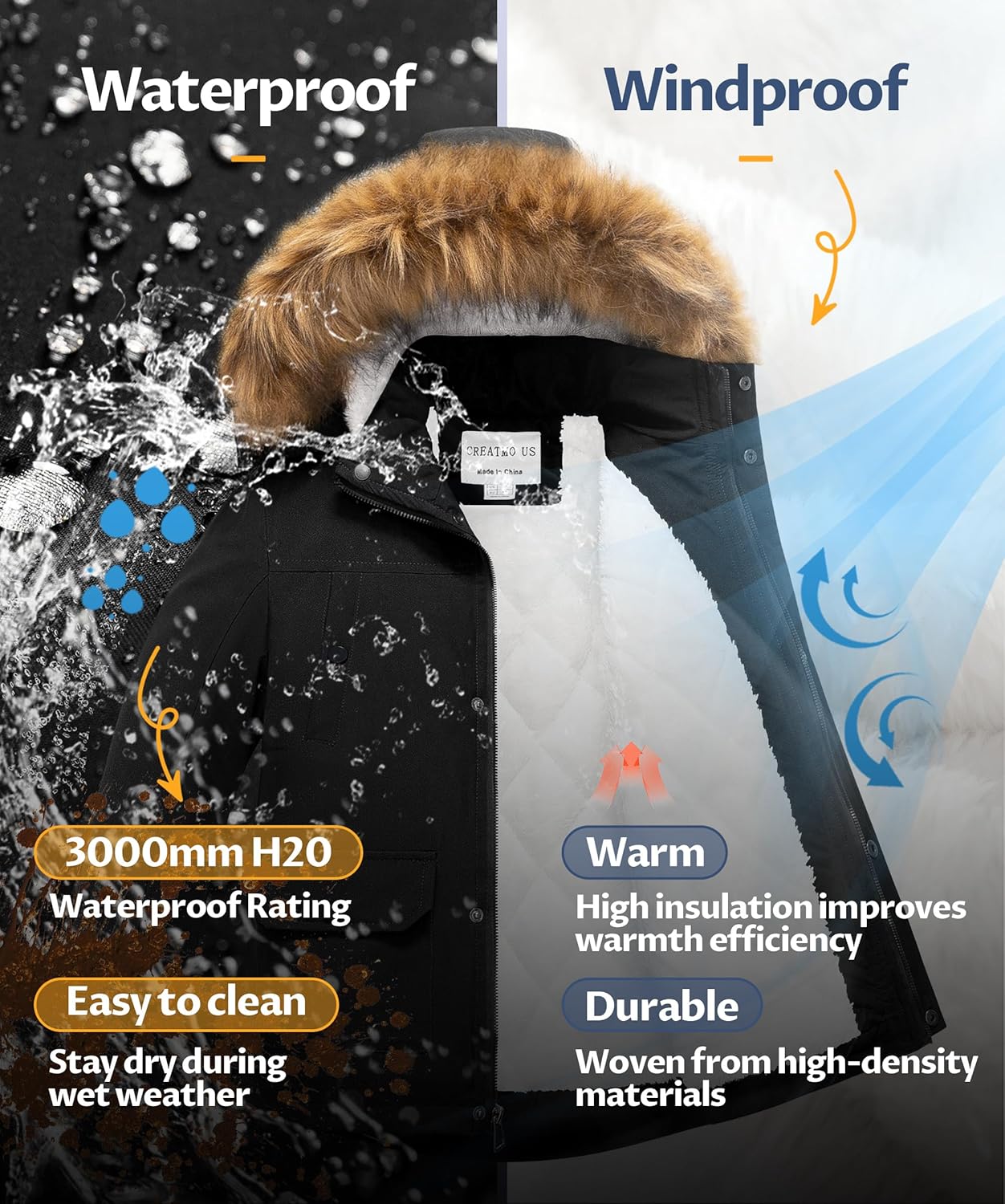 CREATMO US Boy's Long Winter Coat Warm Fleece Lined Waterproof Puffer Jacket Thicken Padded Snow Parka with Faux Fur Hood - Image 5