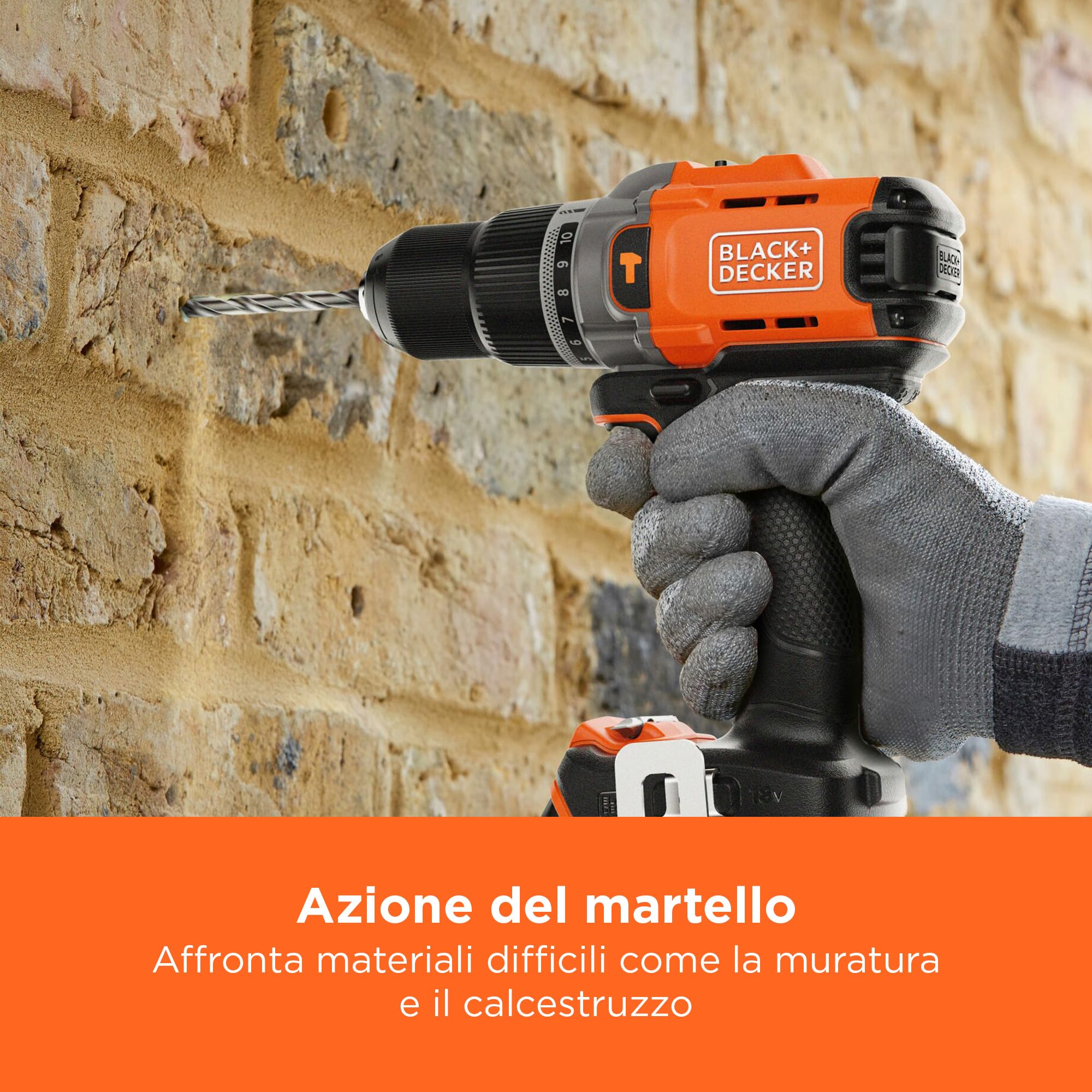 BLACK+DECKER 18V POWERCONNECT Trapano a percussione a batteria, coppia 45Nm, 2 marce, luce LED, mandrino senza chiave, senza batteria o caricatore, BCD383XN-XJ
