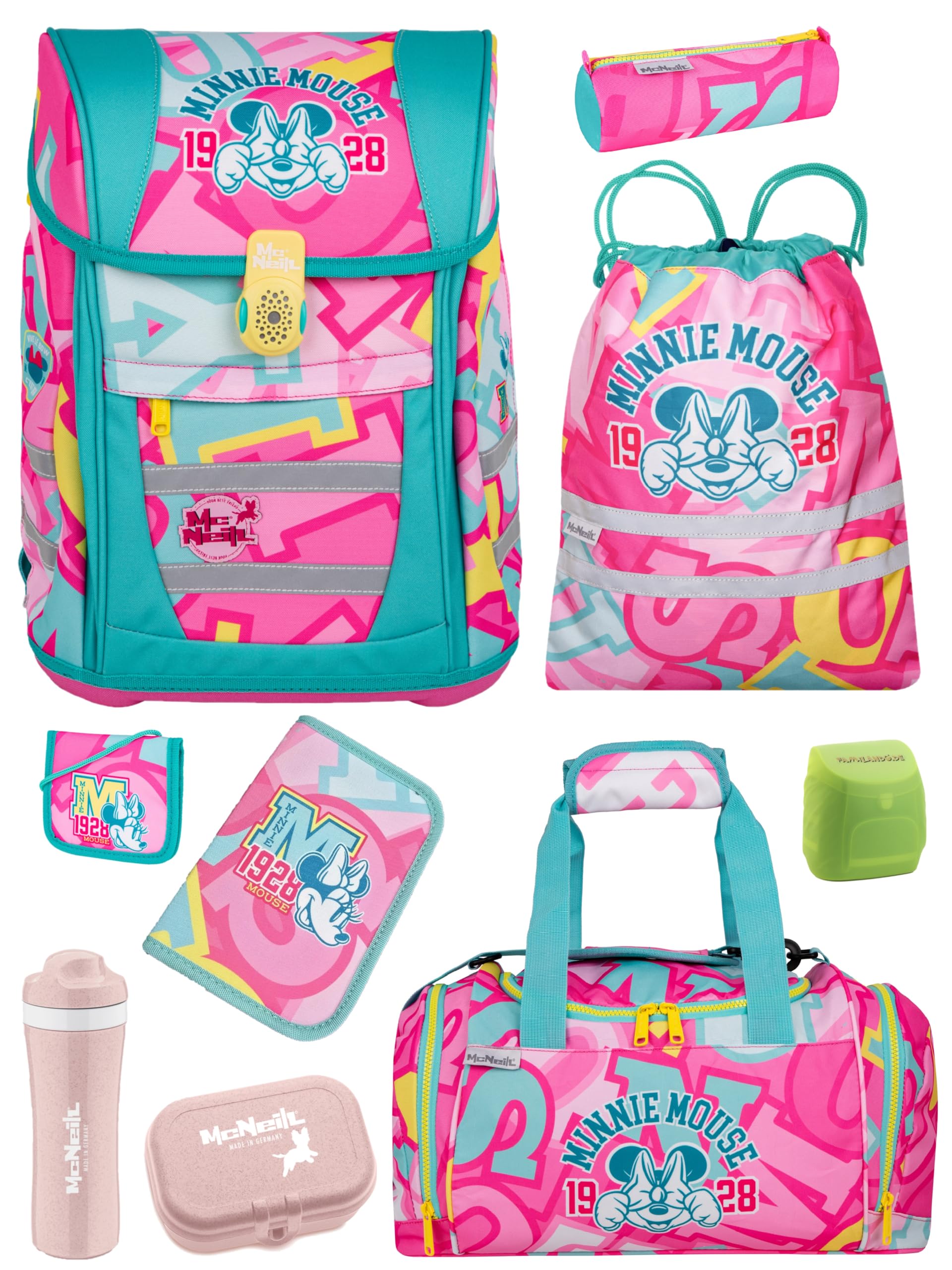 Familando - McNeill Teneris Schulranzen Set - 9-teilig mit Sporttasche - Minnie Mouse - Ergonomisch & verstellbarer Brustgurt - 980g leicht mit 18L Volumen & Reflektoren - Für Grundschule ab 1. Klasse