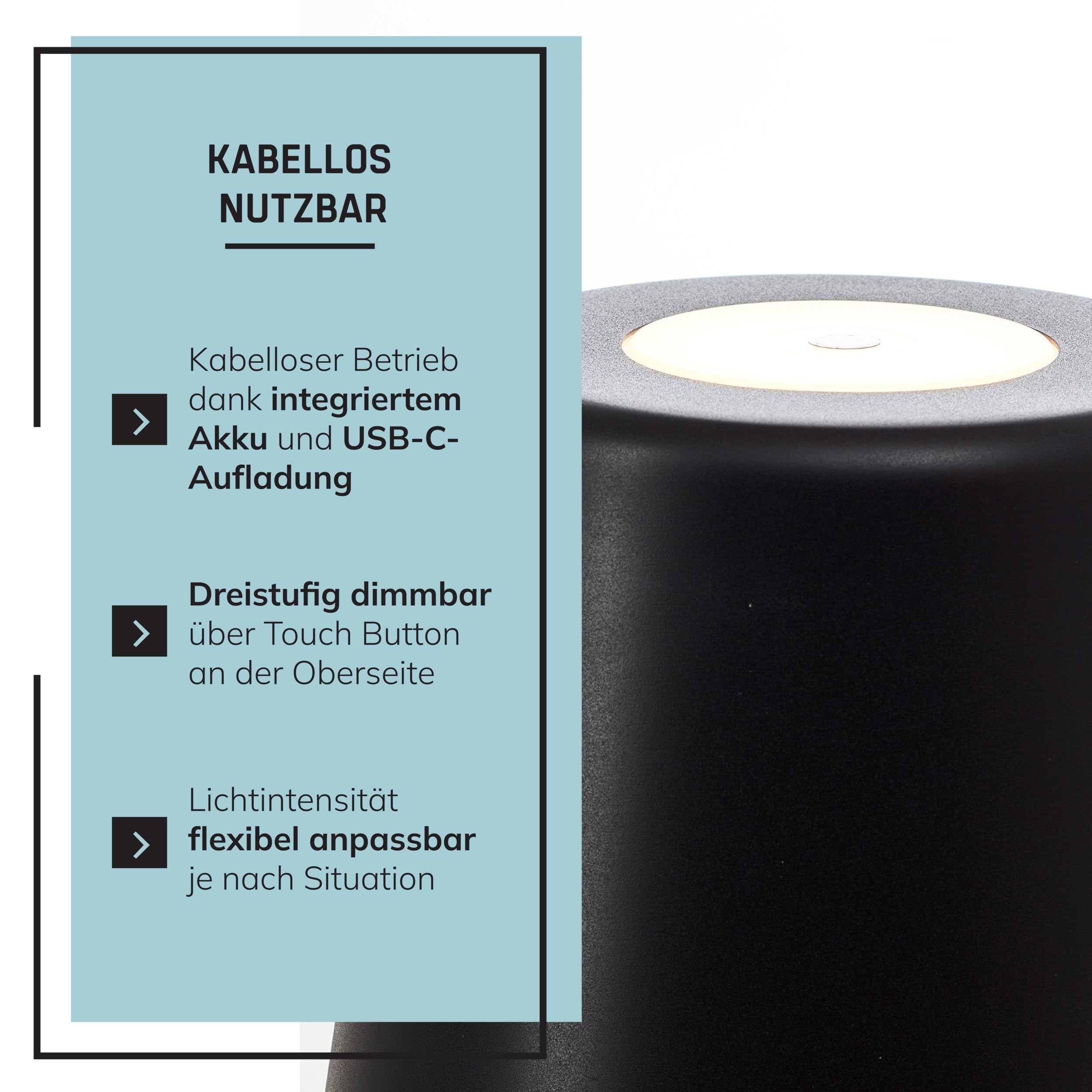 Lightbox Lampada da terra a LED interni ed esterni | 129 cm di altezza, Ø 18 cm | lampada da terra nera per esterni con touch dimmer a 3 livelli | mobile/wireless/portatile | ricaricabile