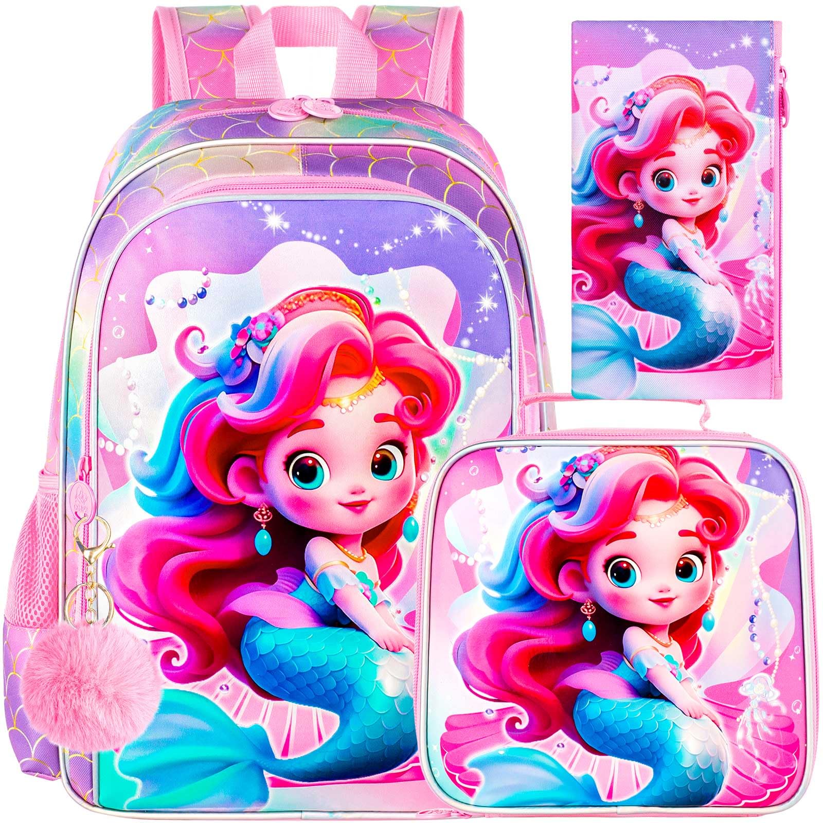 ZLYERT 3Pcs Mermaid Backpack for Girls, 16" Kids Bookbag for Elementary Preschool Kindergarten, School Backpacks with Lunch Box(Pink)