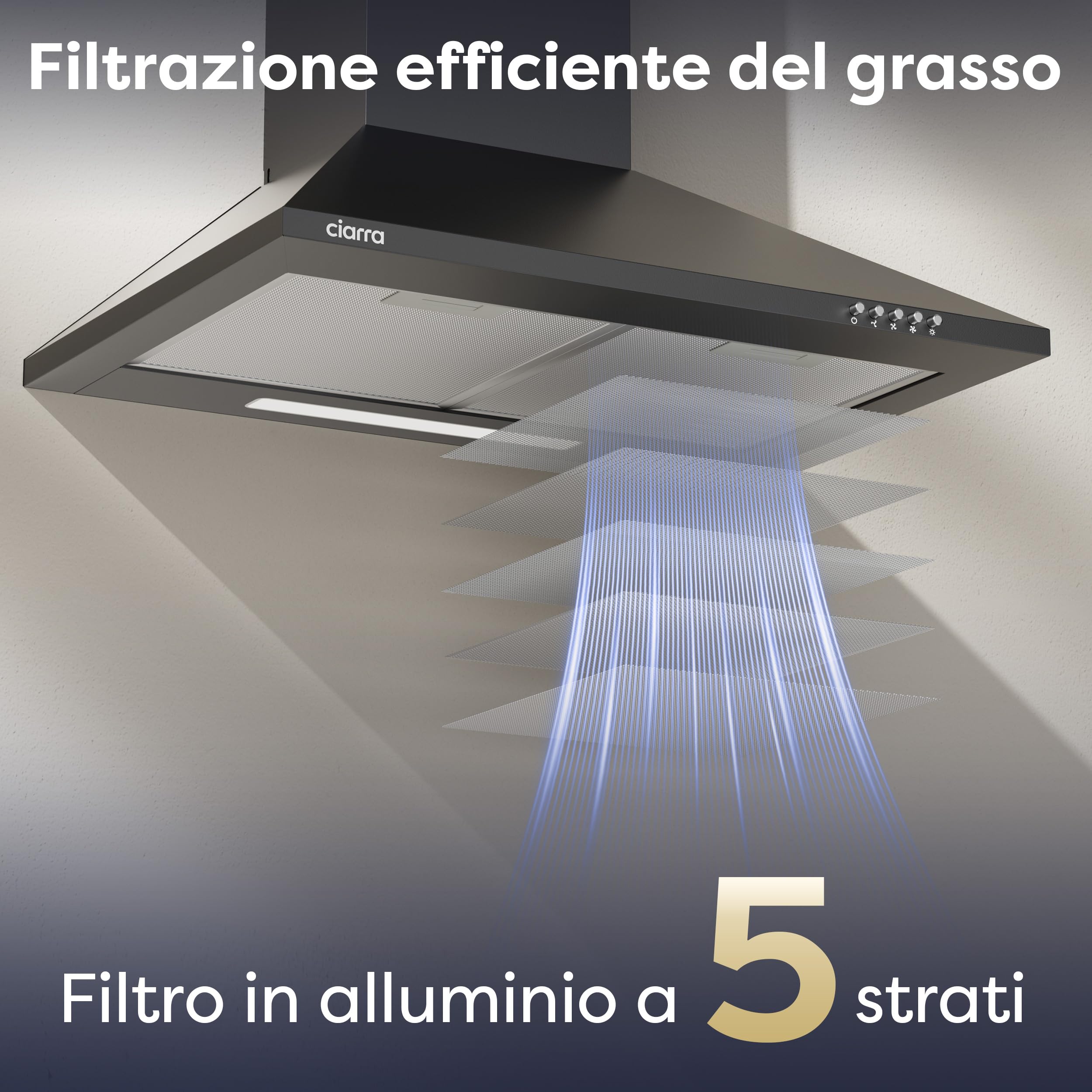 CIARRA CBCB6201 Cappa Aspirante Cucina 60 cm Classe A++ - Design Nero, 370 m³/h, 3 Livelli di Potenza, Montaggio a Parete con Filtro Carbone CBCF002X2