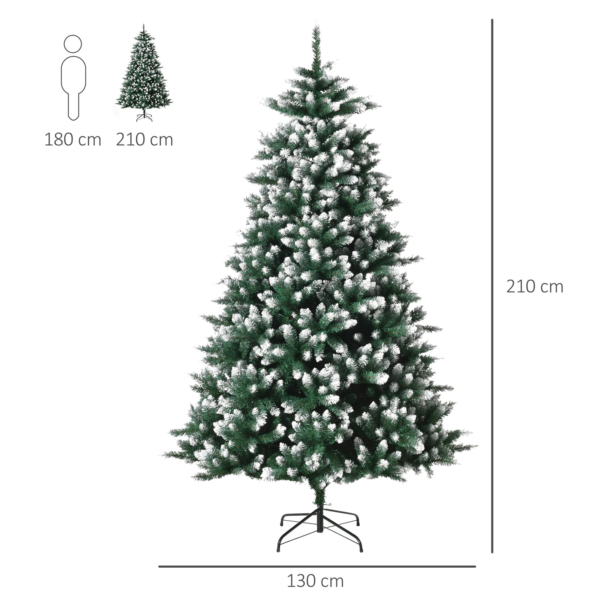 HOMCOM Árbol de Navidad 2012 Ramas con Soporte Metálico 210 cm Verde | Árbol Artificial de Navidad, Puntas Blancas, Realista, para Interiores