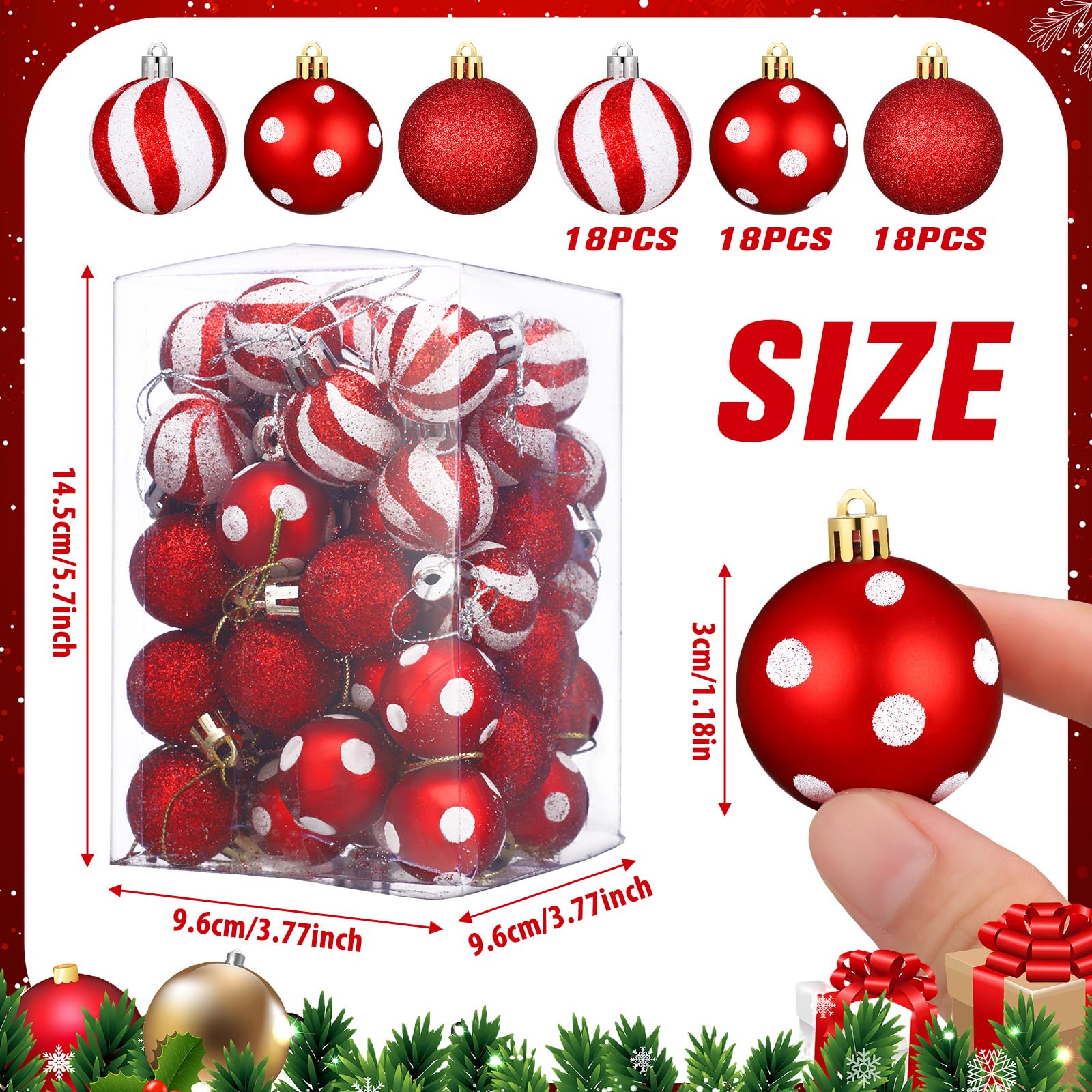 Lenwen 54 Stück Weihnachtskugeln Ornamente Mini rot und weiß Weihnachtsbaum Ornamente Xmas gestreifte Punkte bruchsicher Kunststoff hängende Ornamente für Baum, Urlaub, Party, Weihnachtsdekoration, 3