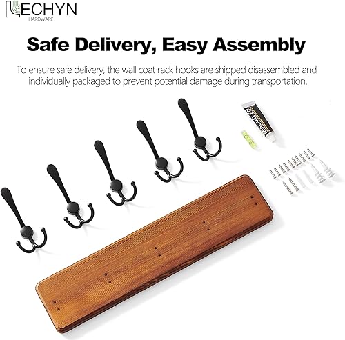 Miniatura 6 de Perchero de madera rústica con 5 ganchos, soporte de pared resistente para colgar chaquetas (marrón)