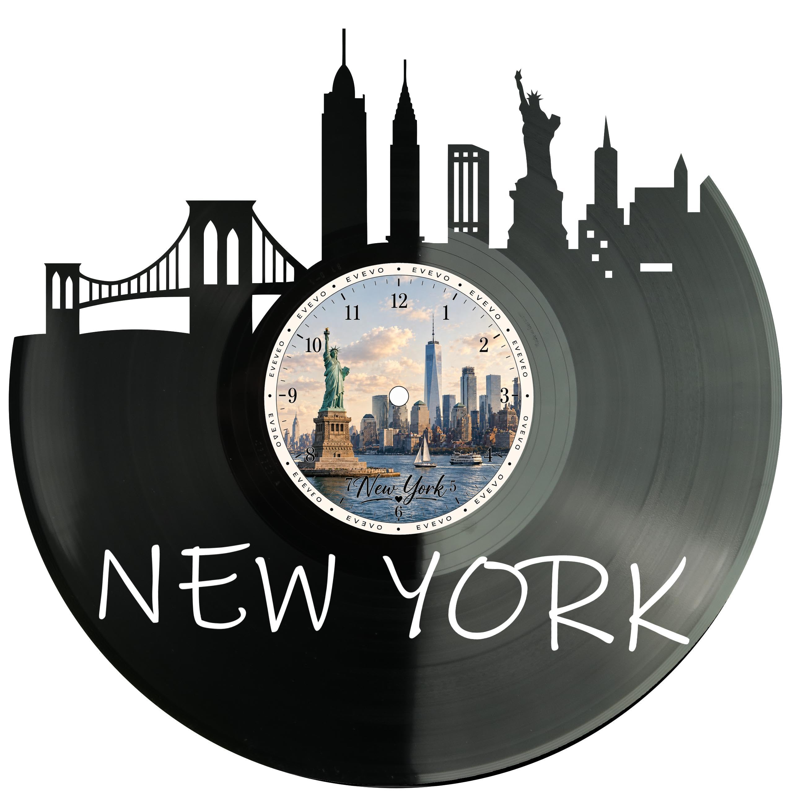 EVEVO D0031 - Decorazione da parete a forma di disco di New York, in vinile, motivo: skyline degli Stati Uniti, idea regalo per gli amanti di New York