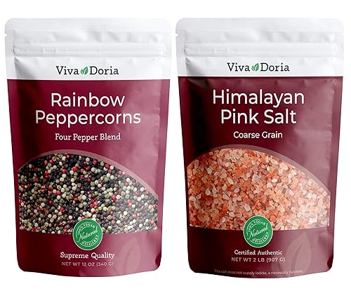 Viva Doria Rainbow Peppercorn Blend (vapor esterilizado entero negro, blanco, verde y pimienta rosa) 12 oz y sal rosa Himalaya (grano grueso) 2