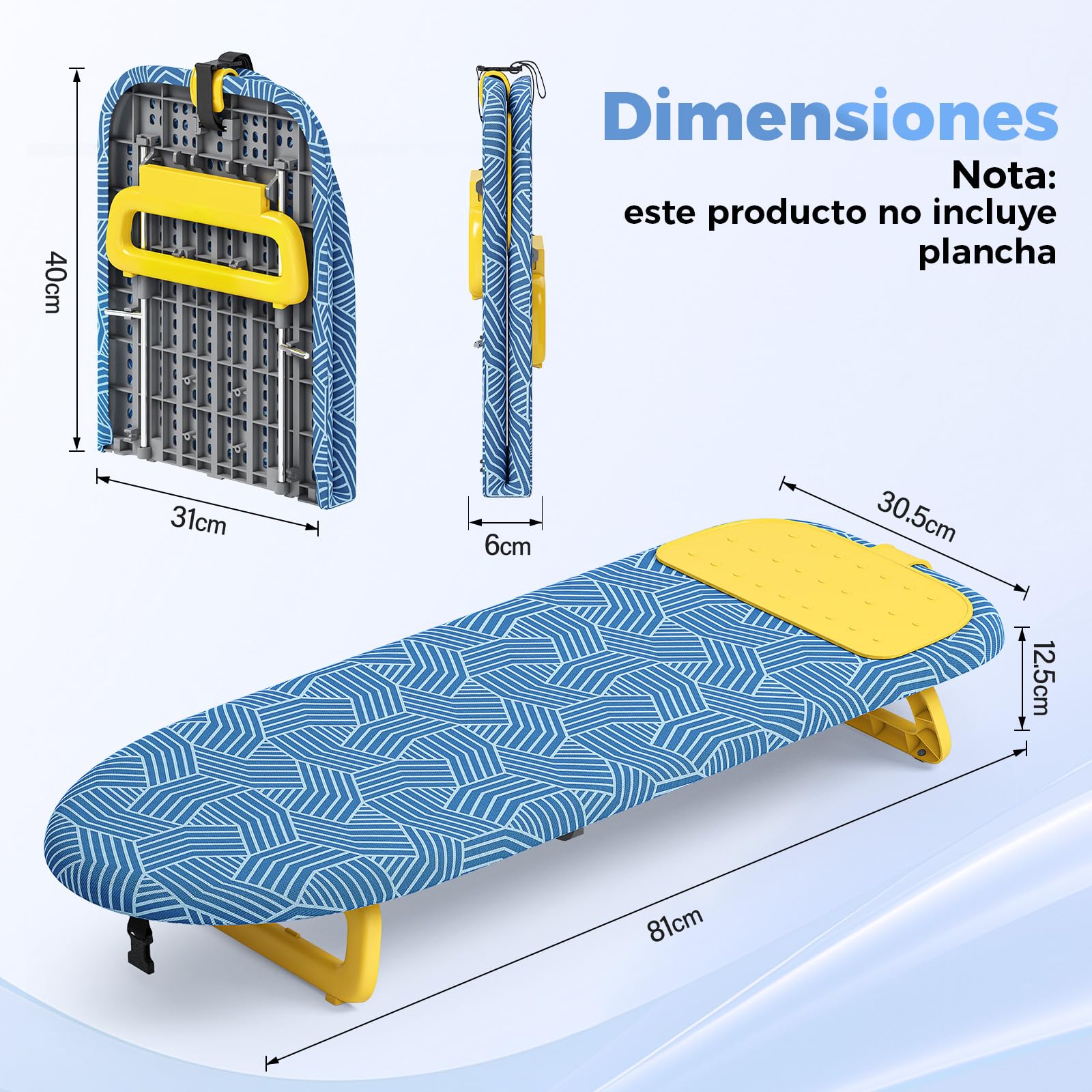 KINGRACK Tabla de Planchar Plegable, con Almohadilla Aislante, Amarillo | Plegable y compacta, ideal para viajes, dormitorios y espacios pequeños