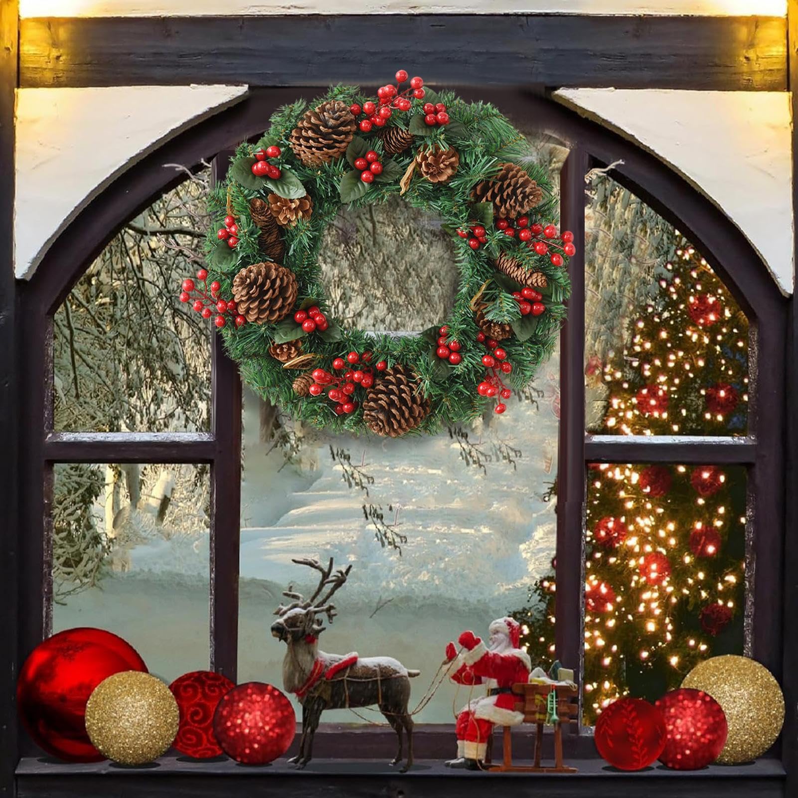 navideños artificiales | festivo con bayas rojas y piñas | para puerta de casa, exterior, interior, casa, tallo, ventana de invierno