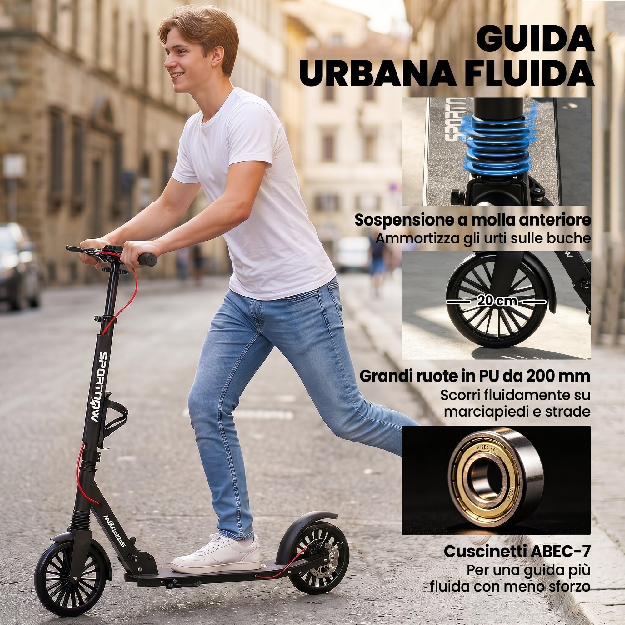 SPORTNOW Monopattino Adulto Pieghevole con Manubrio Regolabile, Scooter Pieghevole in Alluminio con un Solo Clic, Ruote Grandi di 200 mm, Ammortizzatore, Doppio Freno, ABEC-7, Portata 100 kg, Argento