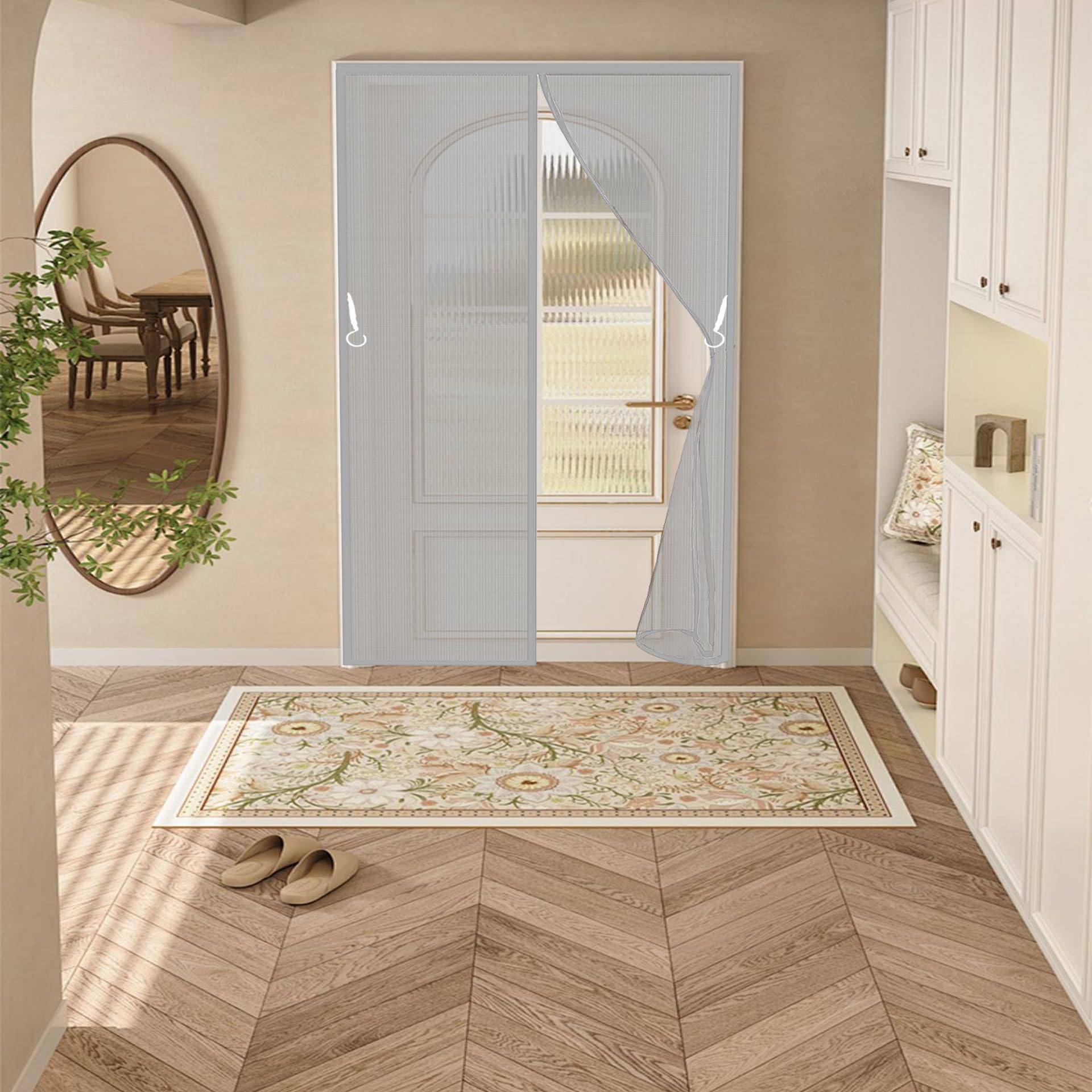 Moustiquaire Porte Fenetre Magnétique 216 x 168 cm Maille Fine et Résistante Magnétique Moustiquaire Porte Maintient L'Air Frais à L'Intérieur, Gris
