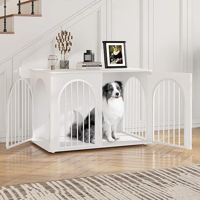 Cage pour Chiens Intérieur 100cm - Niche Moderne 3 Portes, Blanc, Table d'Appoint
