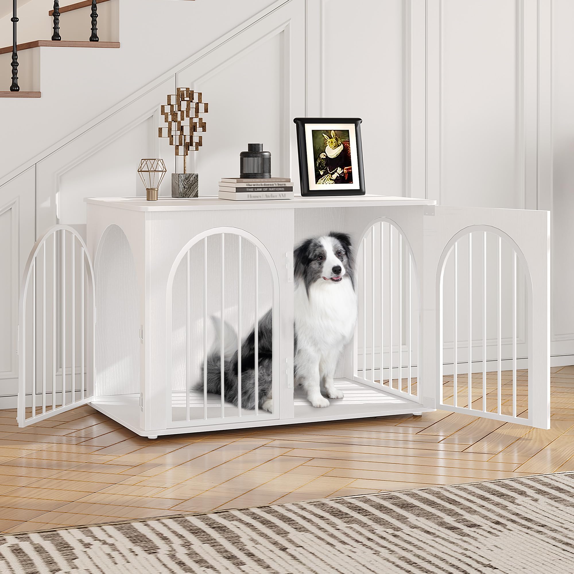 Hzuaneri 100 cm Dog Cage, Side Table, Modern Dog House, Large Dog Cage for Wooden House, Duplex for Animals, 3 Doors, Arched Door, 60 x 100 x 63 cm, White The Forest Stewardship Council