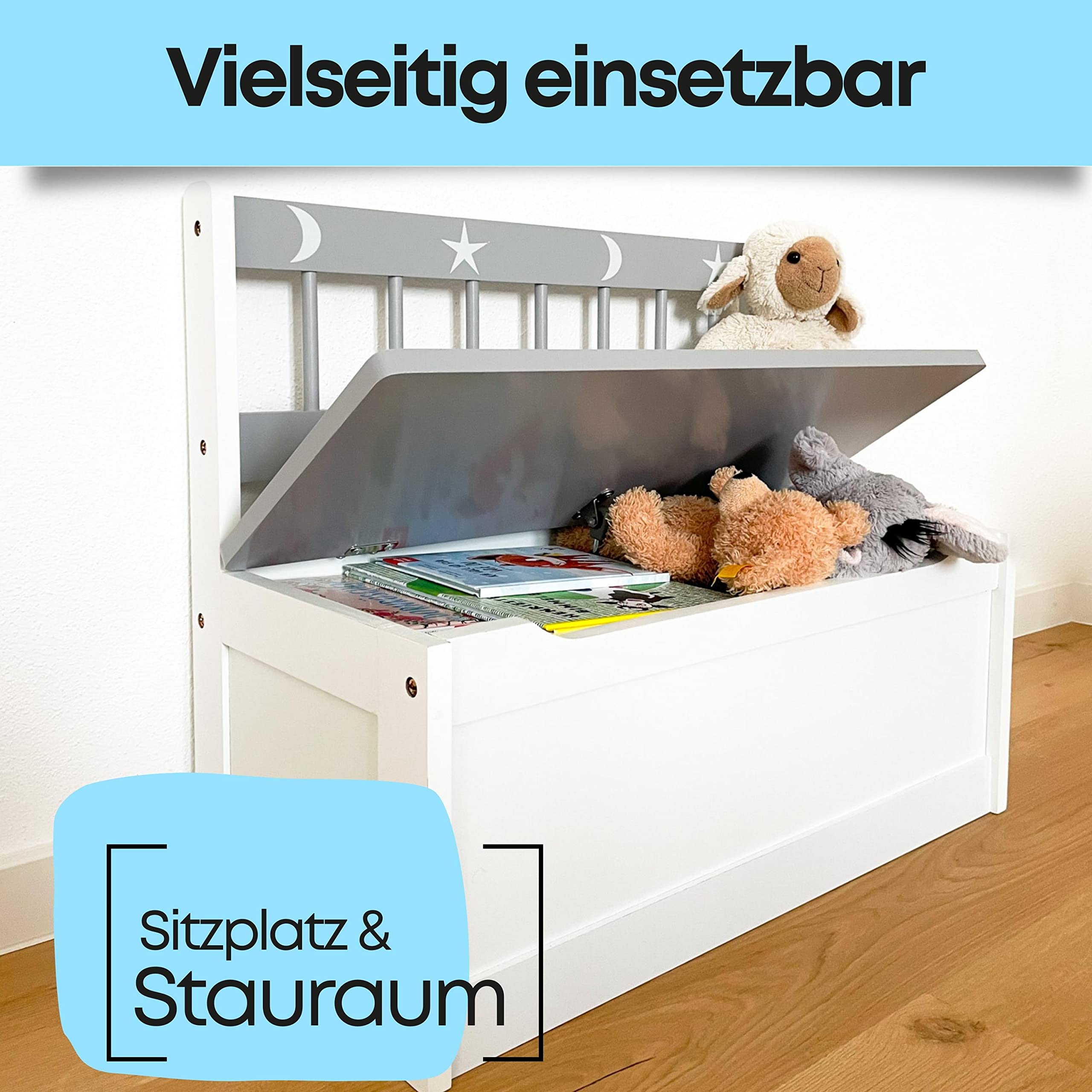 Schauer Kindersitzbank mit Stauraum aus Nadelholz - Spielzeugtruhe mit Sternenmuster 60 x 50 x 30 cm - Sitzbank/Sitztruhe für Kinderzimmer Aufbewahrung Ordnung grau/weiß