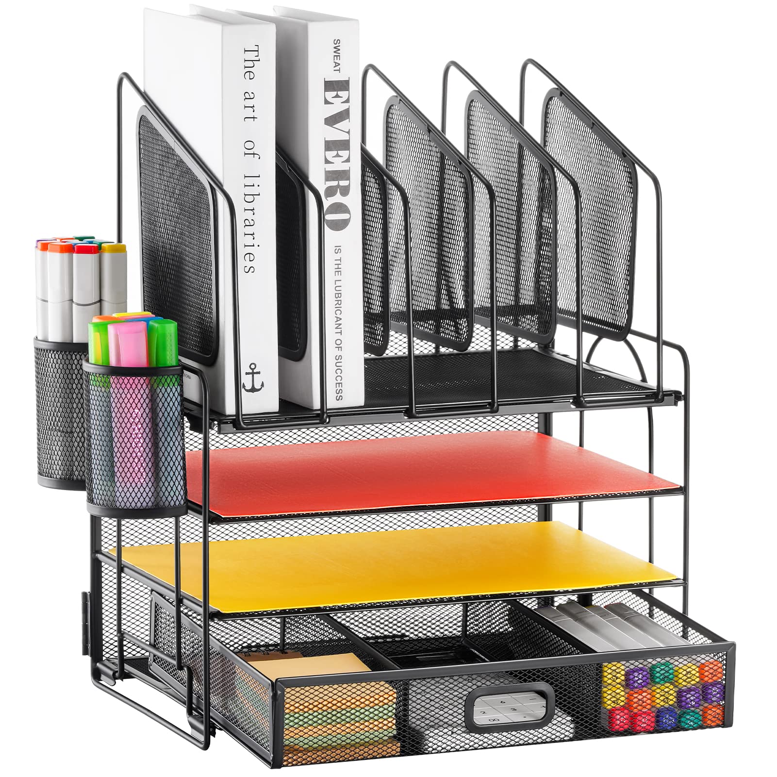 Marbrasse Bureau Organizer,4-Laags Papierbakken met 1 Hangende Pennenhouder en 6 Verdeelde Lade,Opbergrek van Gaas voor Papieren Documenten,Bureau Tijdschriftenhouder voor Thuiskantoor (Groen
