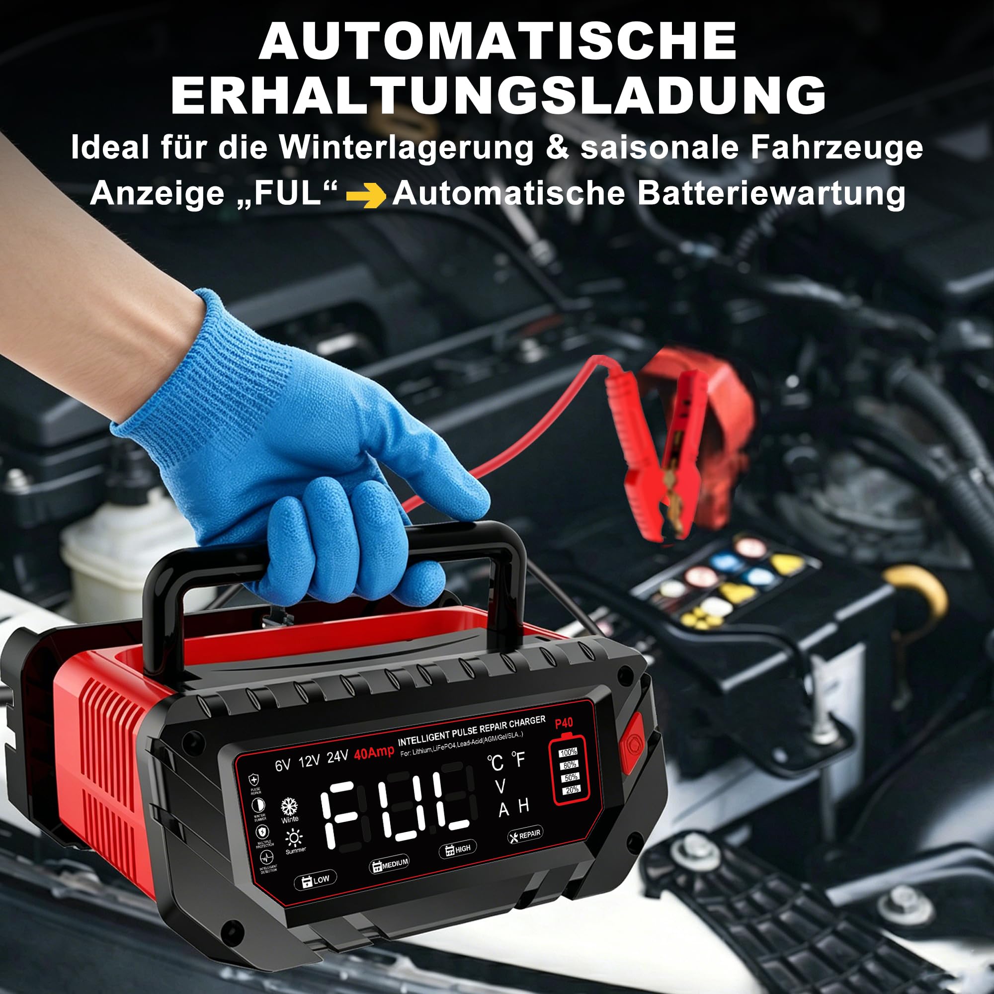 40A Autobatterie Ladegerät, 6V/12V/24V LiFePO4 Ladegerät, Batterieladegerät KFZ für Auto, Motorrad, Rasenmäher, Boot, Lithium, LiFePO4 und Blei-Säure(AGM, Gel, MF, EFB, SLA, VRLA, Wet)