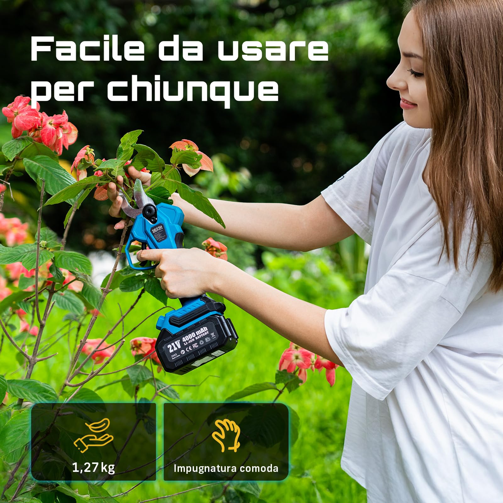 SEESII Forbici Potatura a Batteria 40 mm – Forbici Elettriche con 2× 4000mAh Batterie, Lama SK5, Motore Senza Spazzole, Schermo LCD, per Frutteti, Paesaggistica e Giardinaggio Professionale, CS440